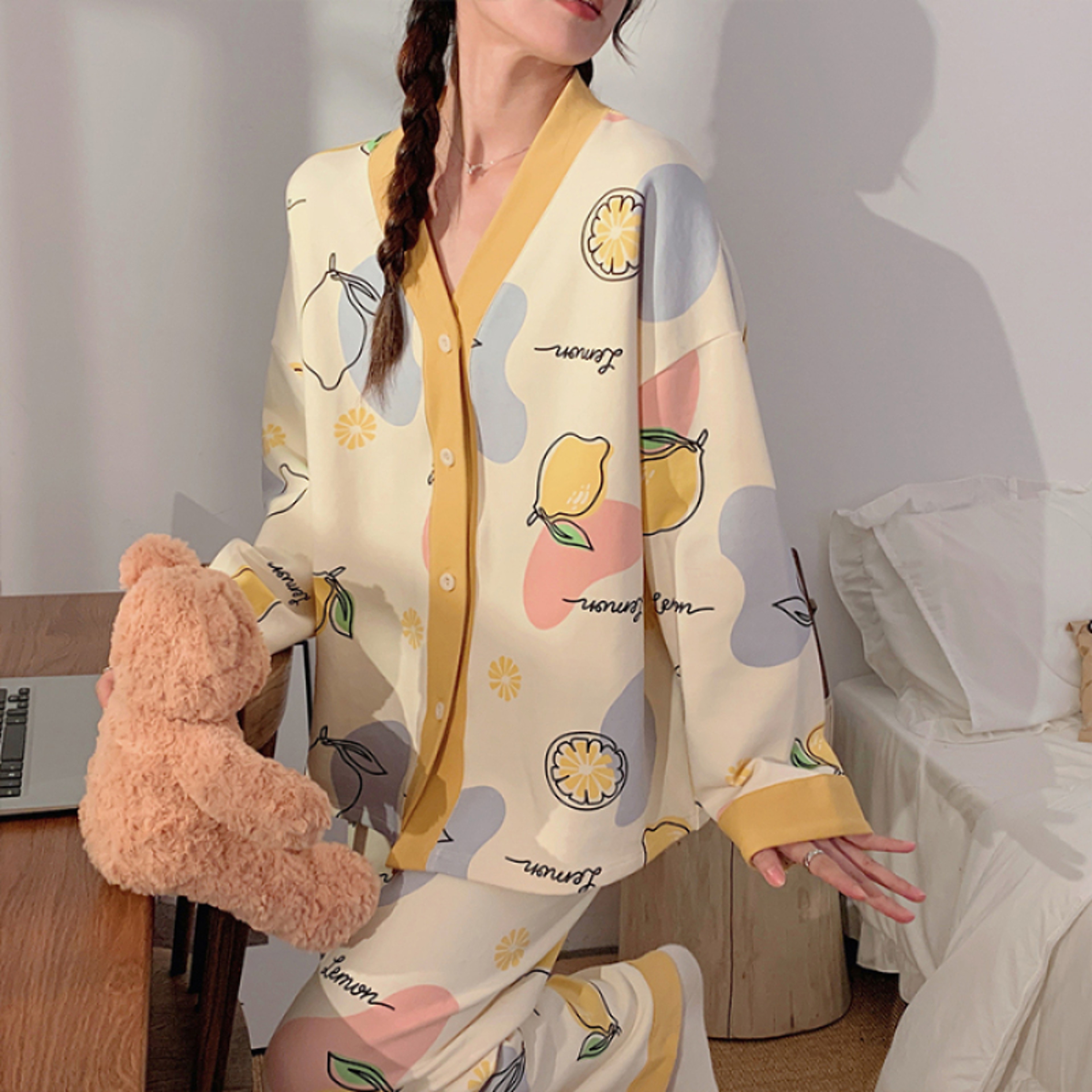 Womens Polyester Pajamas Korean Fresh Ins Style Cartoon Print Lounges Spring Fall Homewear Set 7