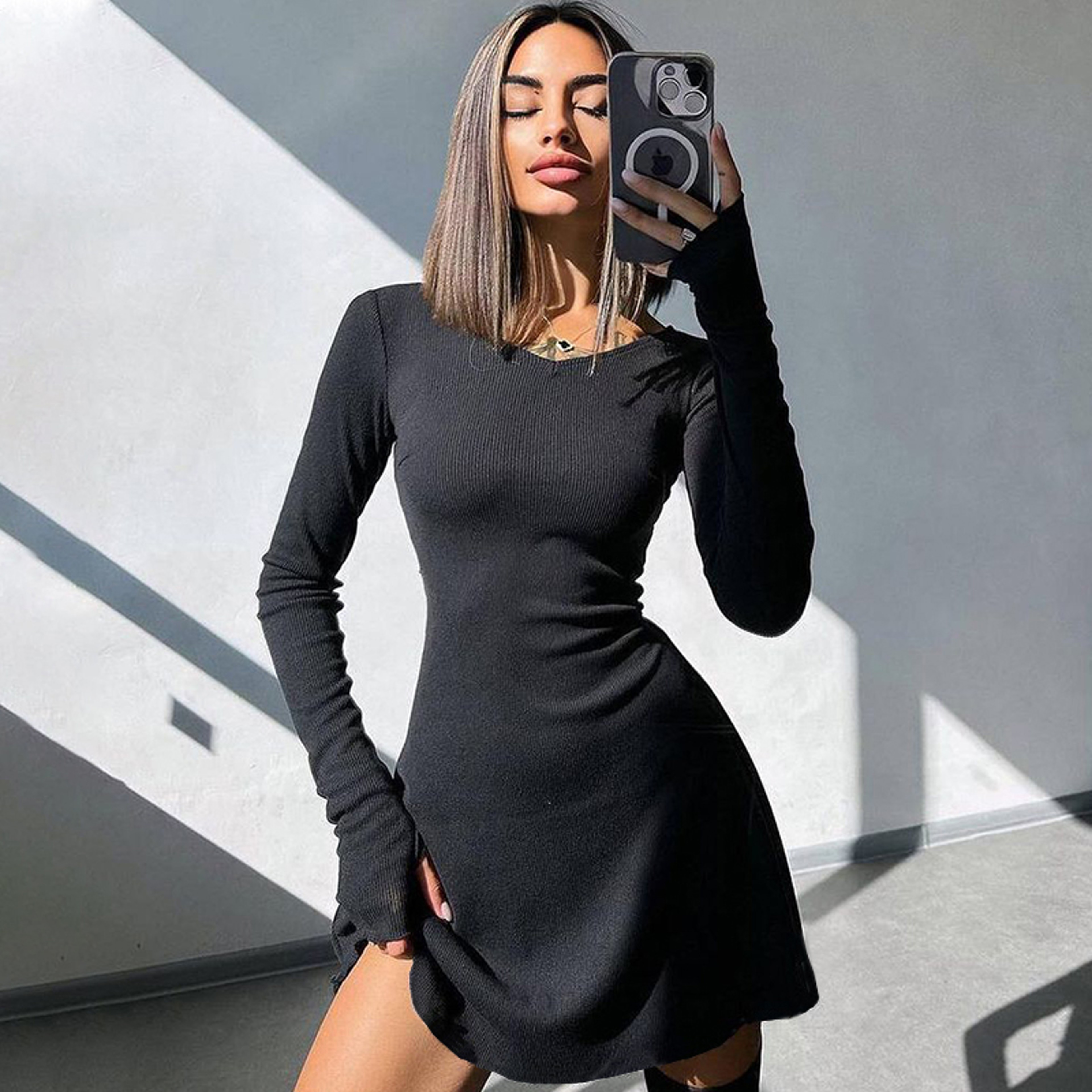 Black V Neck Long Sleeve Mini Dress Elegant Slim Fit Women Dress – view 7