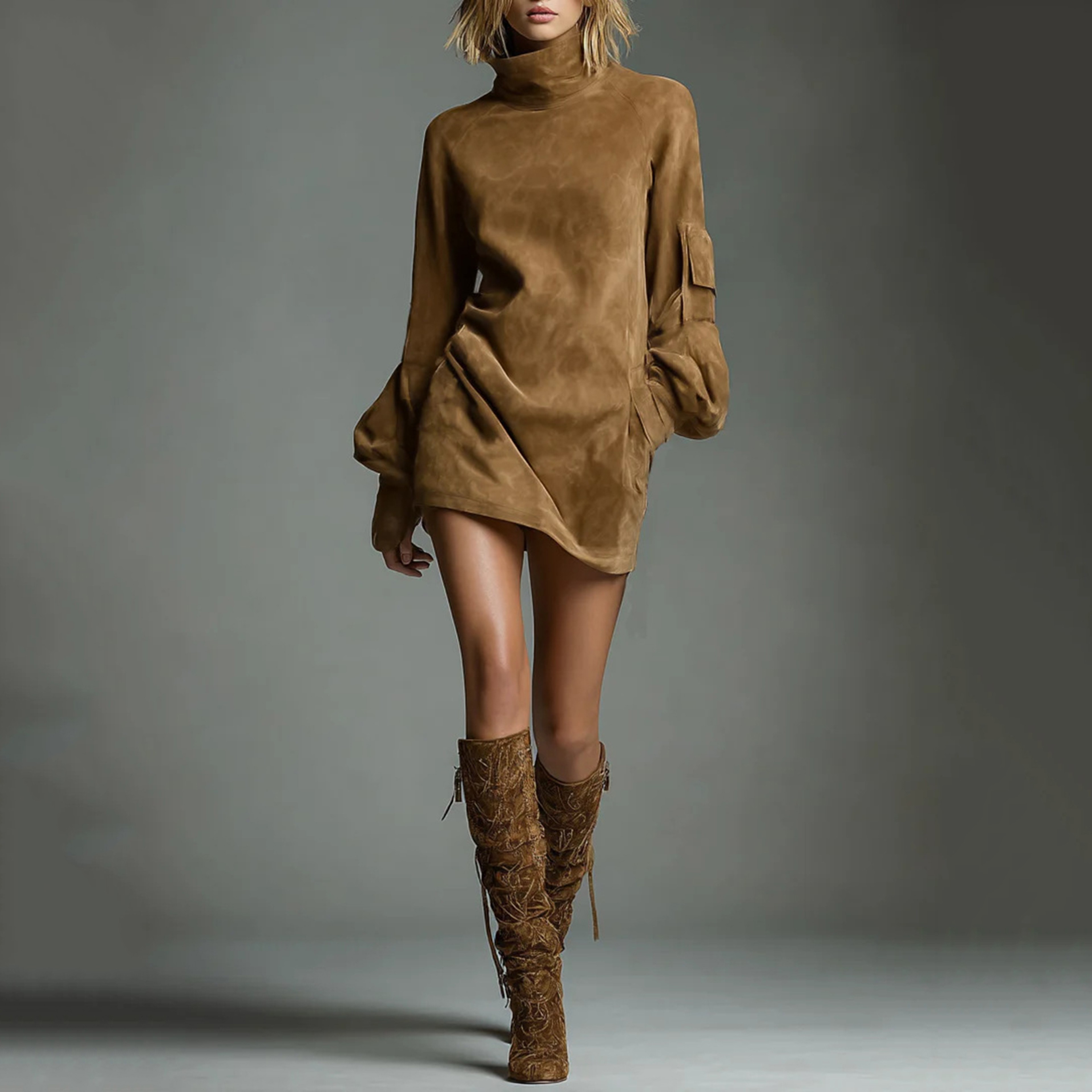 Turtleneck Autumn Retro Solid Suede Mini Dress Slim Woman Pullover Winter Long Sleeve Pockets Femal 7
