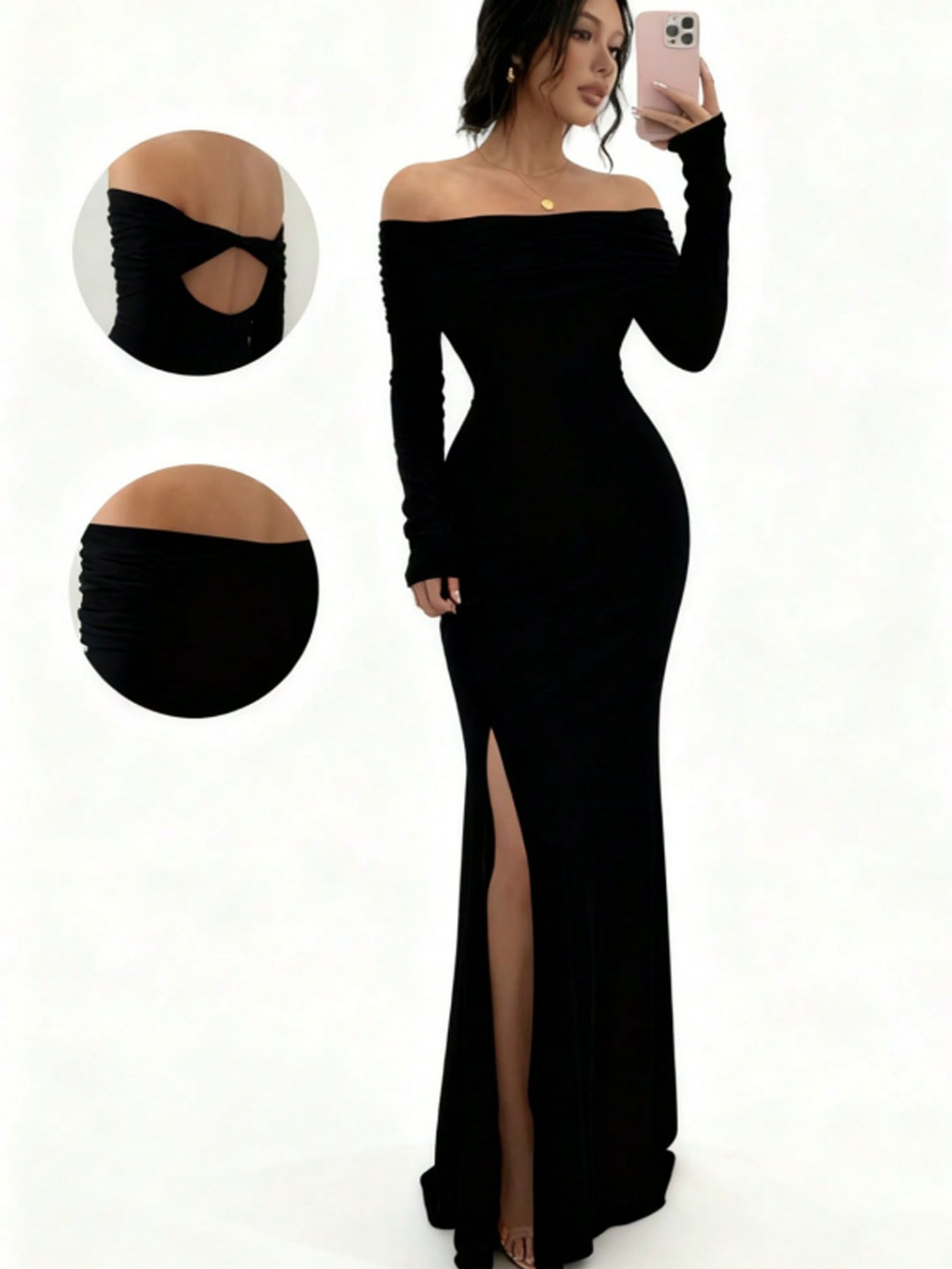 Chic Figure-Hugging Midi, Women's Off-Shoulder Bodycon Dress, Long Sleeve High Slit Bandage Dress – view 3