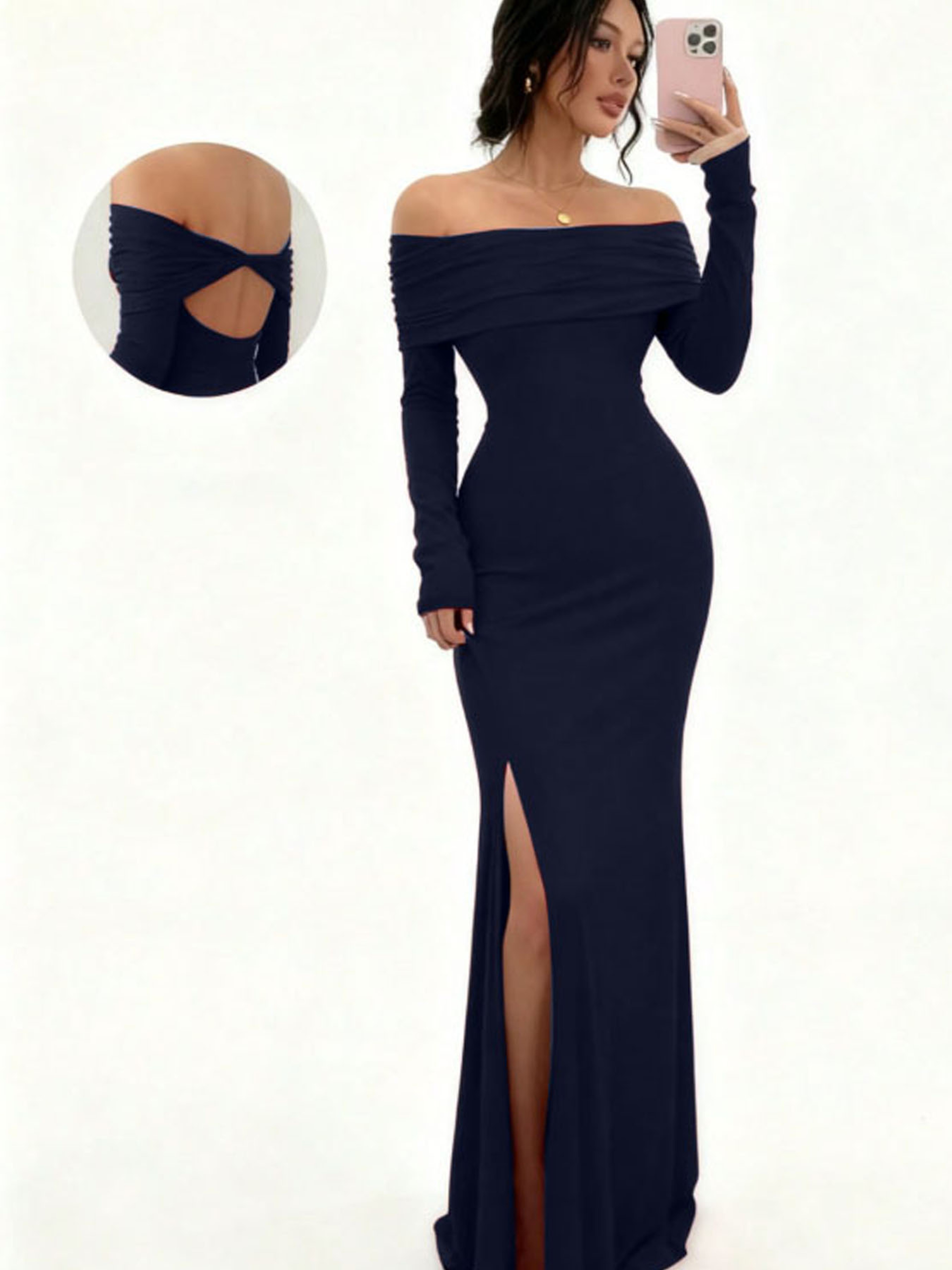Chic Figure-Hugging Midi, Women's Off-Shoulder Bodycon Dress, Long Sleeve High Slit Bandage Dress – view 4
