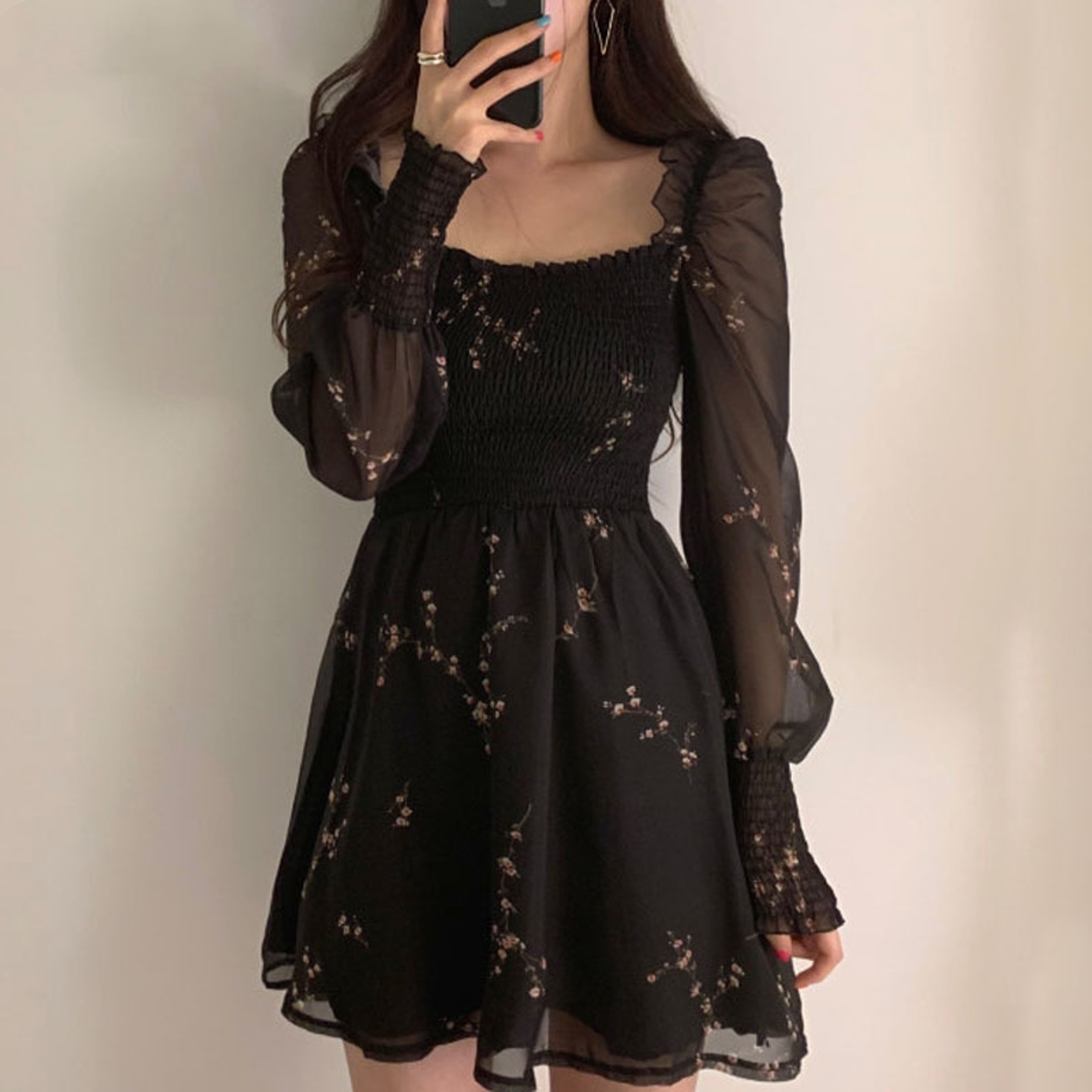 Women Sexy Black Chiffon Dress, Spring Vintage Flower Dress, Long Puff Sleeve Dresses, Korean Casual Mini Vestidos – view 1