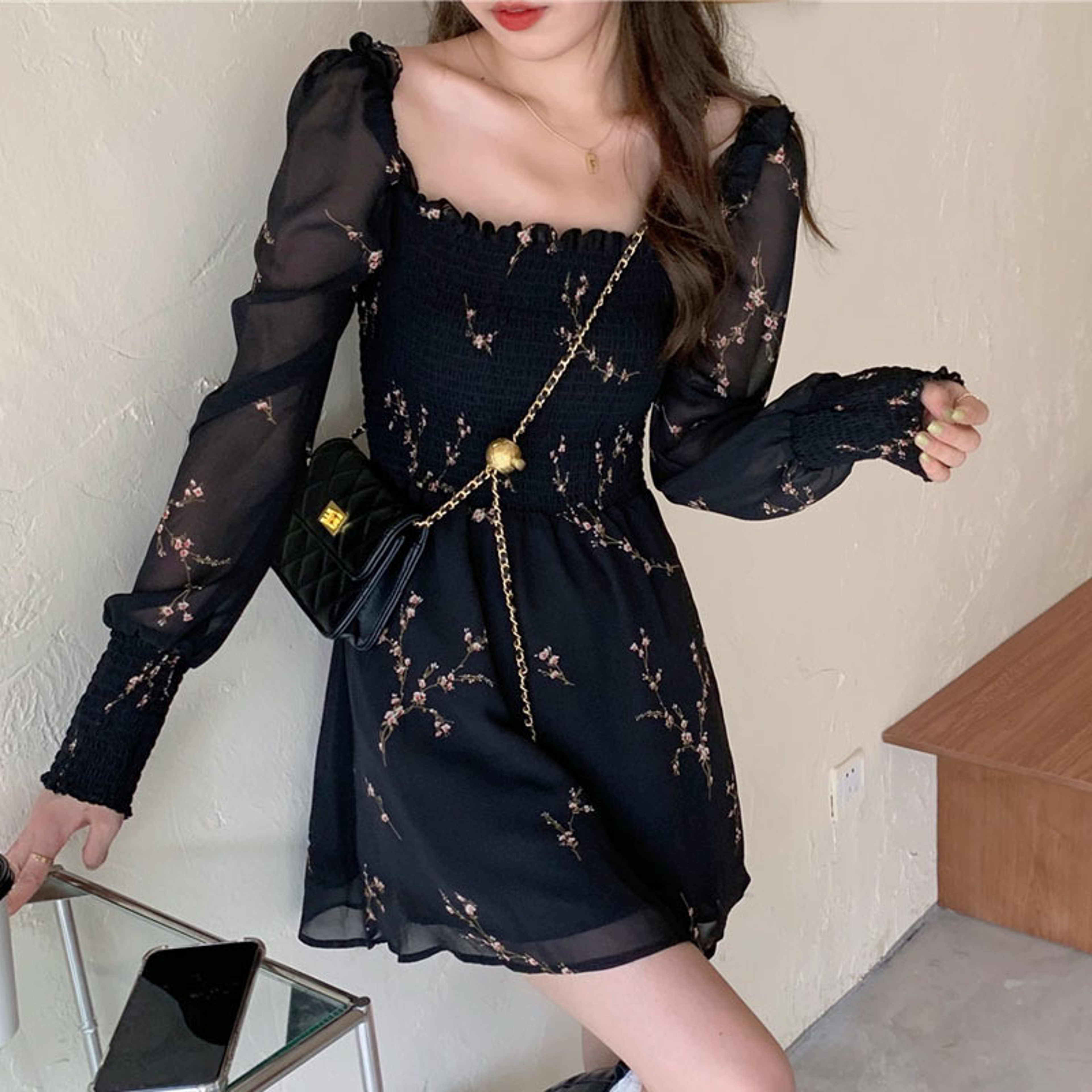 Women Sexy Black Chiffon Dress, Spring Vintage Flower Dress, Long Puff Sleeve Dresses, Korean Casual Mini Vestidos – view 7