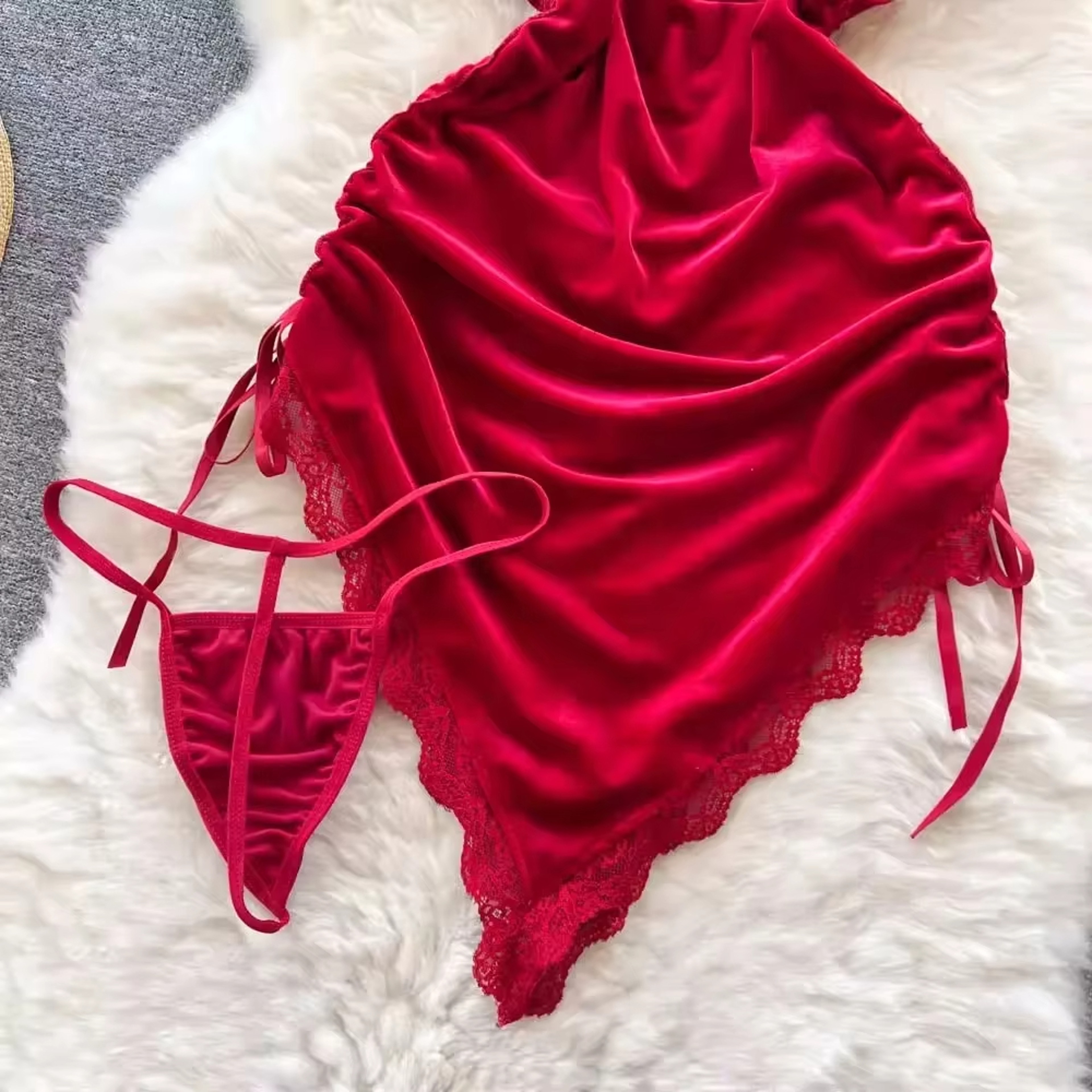 Red Ruched Mini Dress Women Sleeveless Backless Drawstring Spaghetti Strap Bodycon Party Club Dress with Thong – view 5