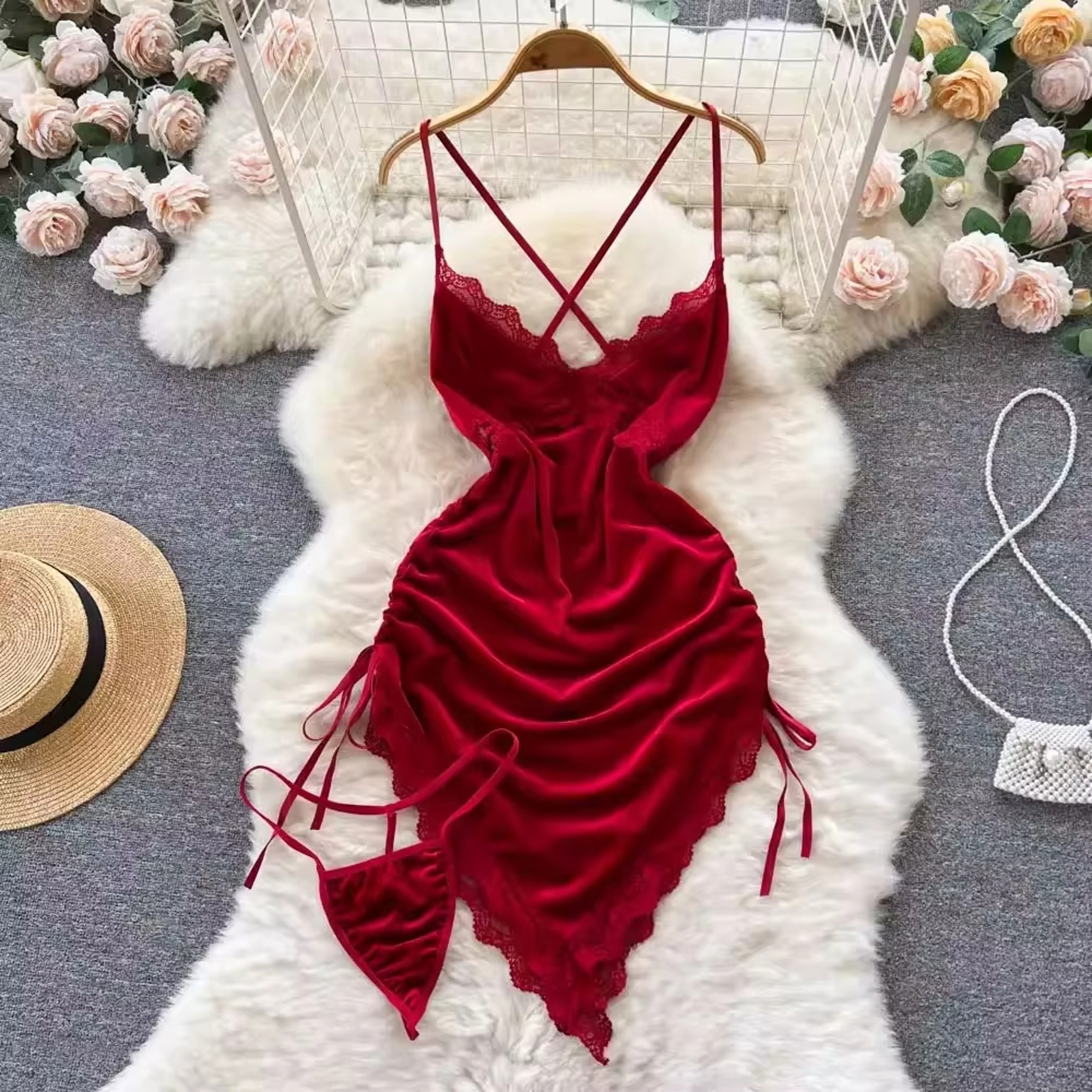 Red Ruched Mini Dress Women Sleeveless Backless Drawstring Spaghetti Strap Bodycon Party Club Dress with Thong – view 8