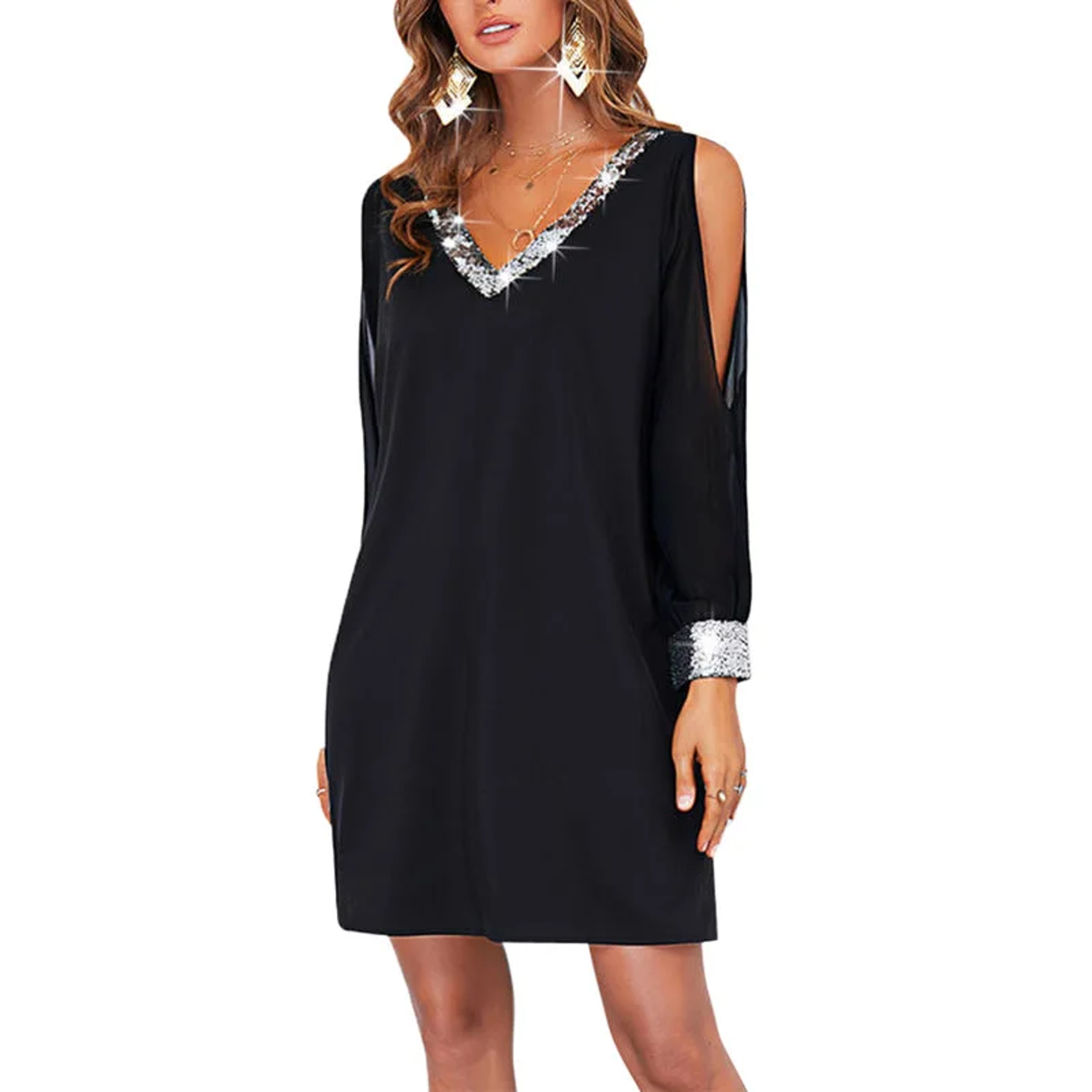 Women's Casual Fashion Deep V-Neck Sequin Splice Dress, Shoulder Bared, Pure Color, Cross-Border Style – view 4