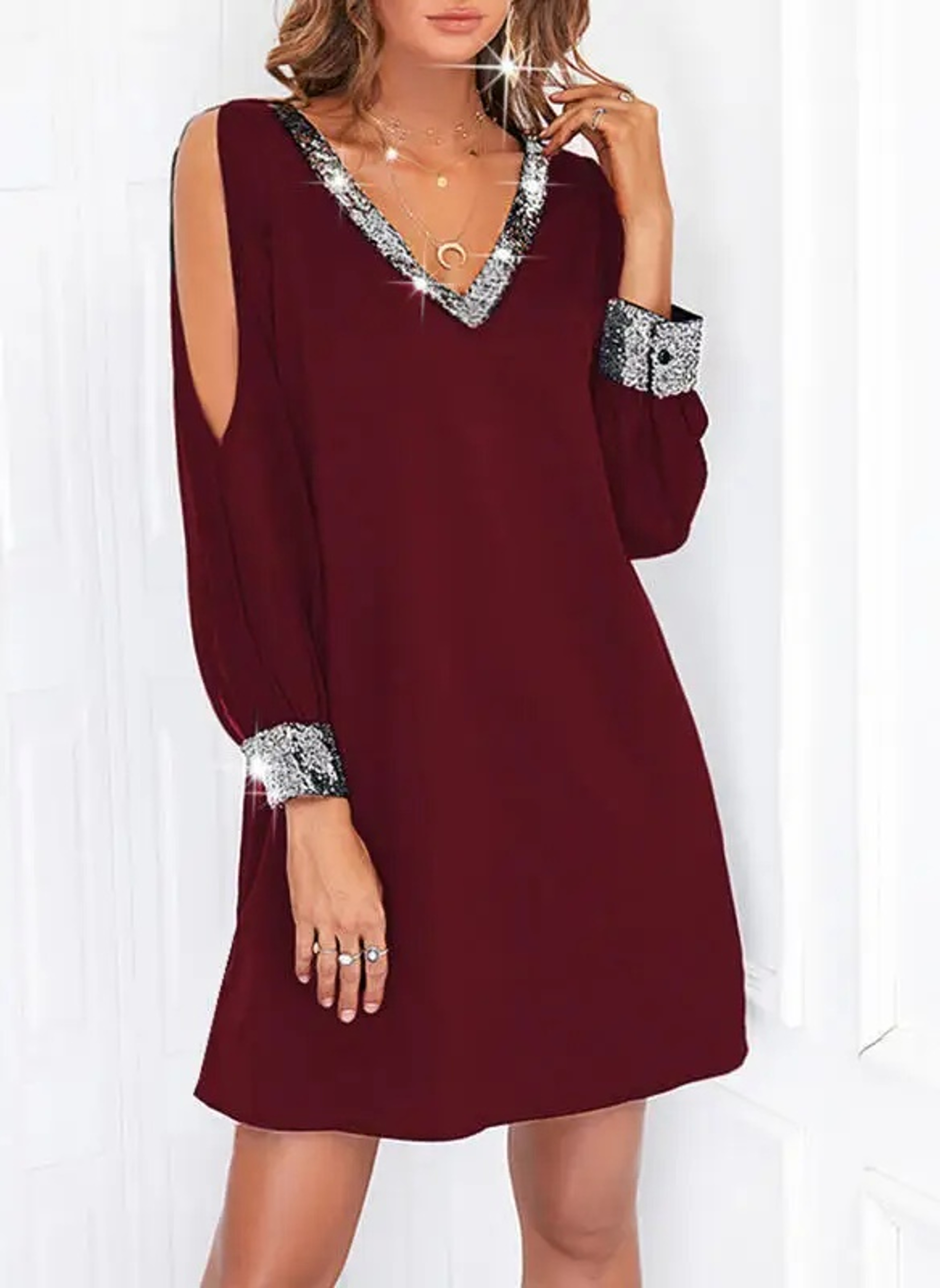Women's Casual Fashion Deep V-Neck Sequin Splice Dress, Shoulder Bared, Pure Color, Cross-Border Style – view 9