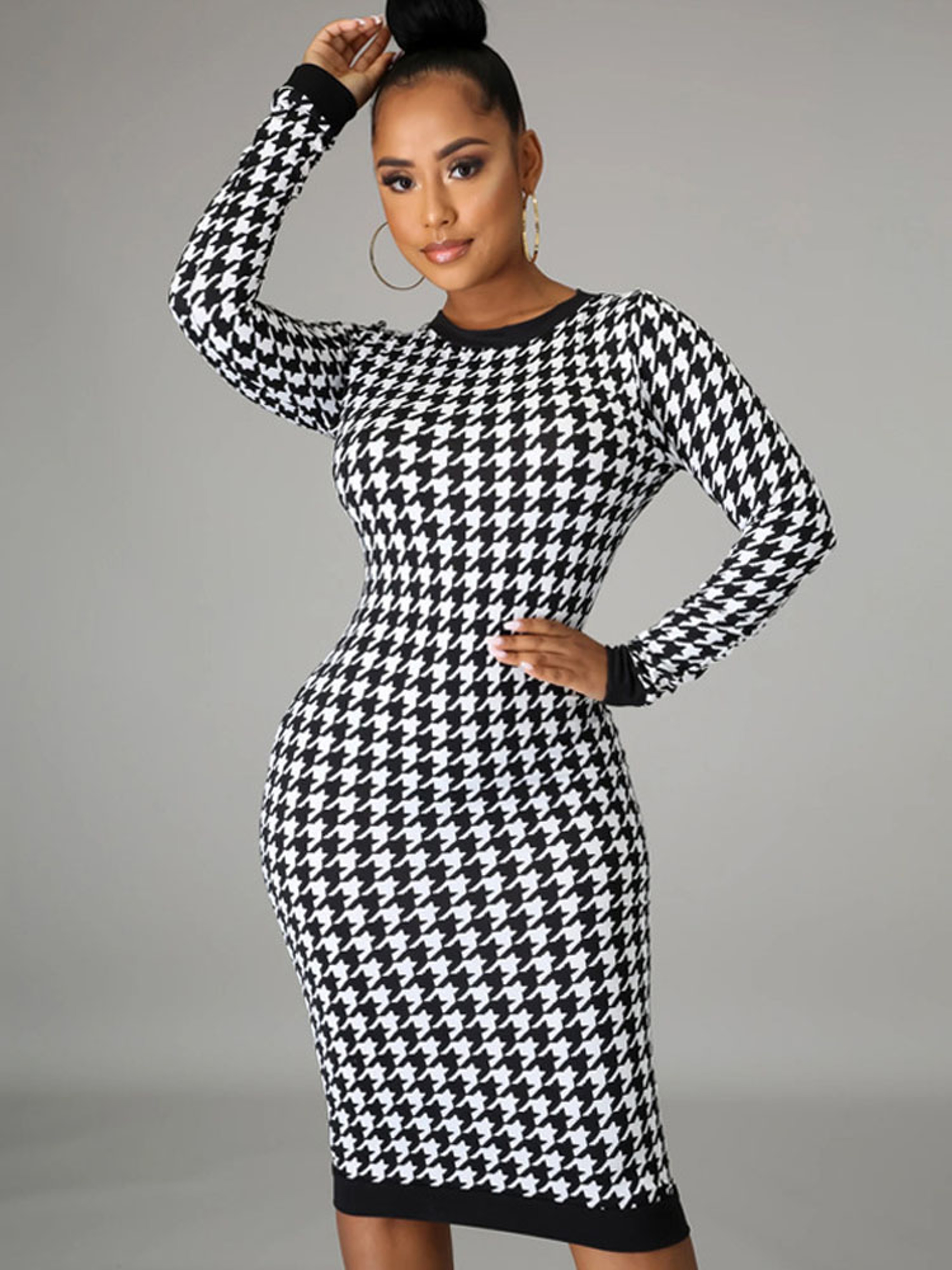 Houndstooth Print Women Long Sleeve Midi Dress, Hollow Out Bodycon Sexy Streetwear for Autumn Winter Club, Elegant Slim – view 2