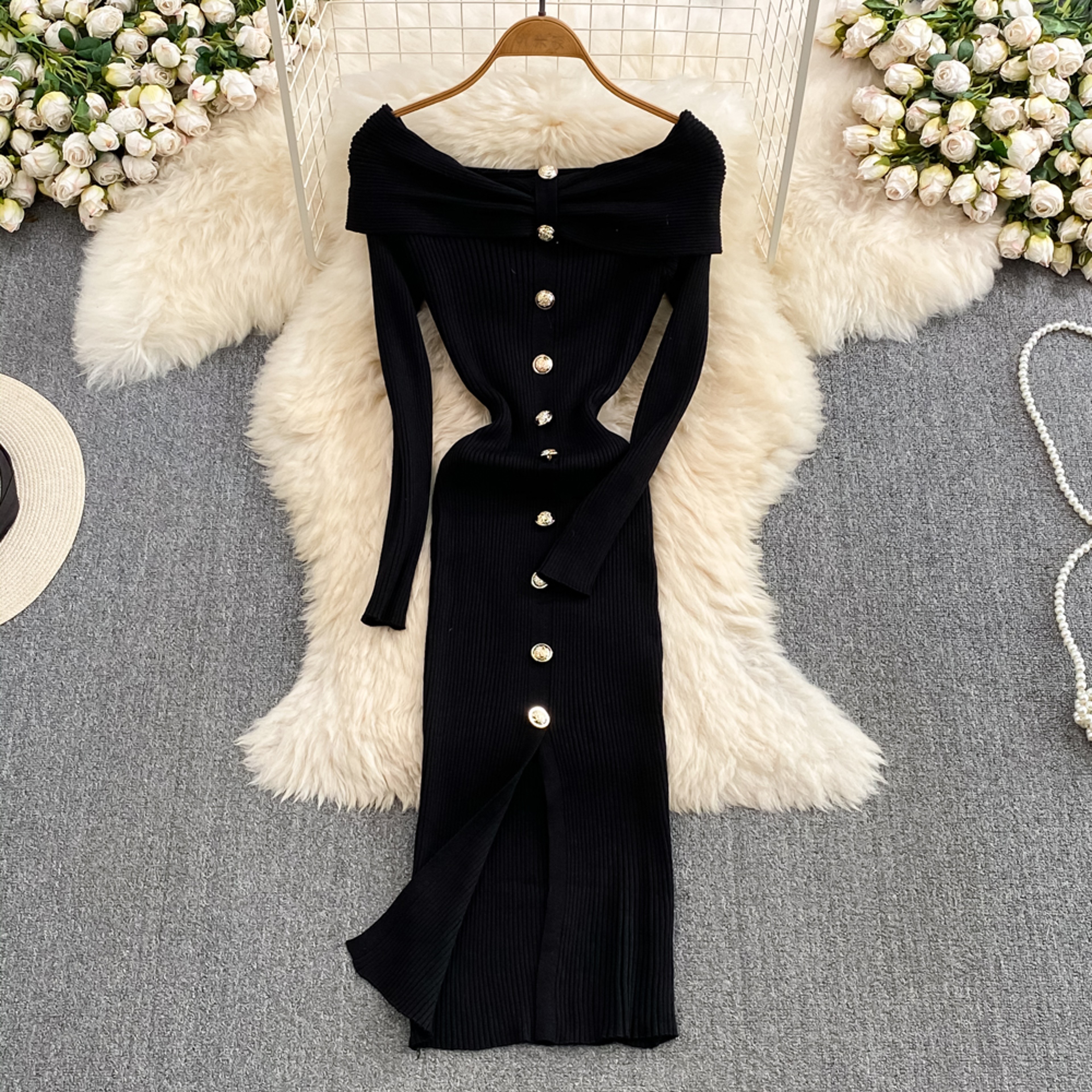 Ins Fashion Women Christmas Red Party Dress High Waist Off Shoulders Long Sleeve Front Split Knitte 7