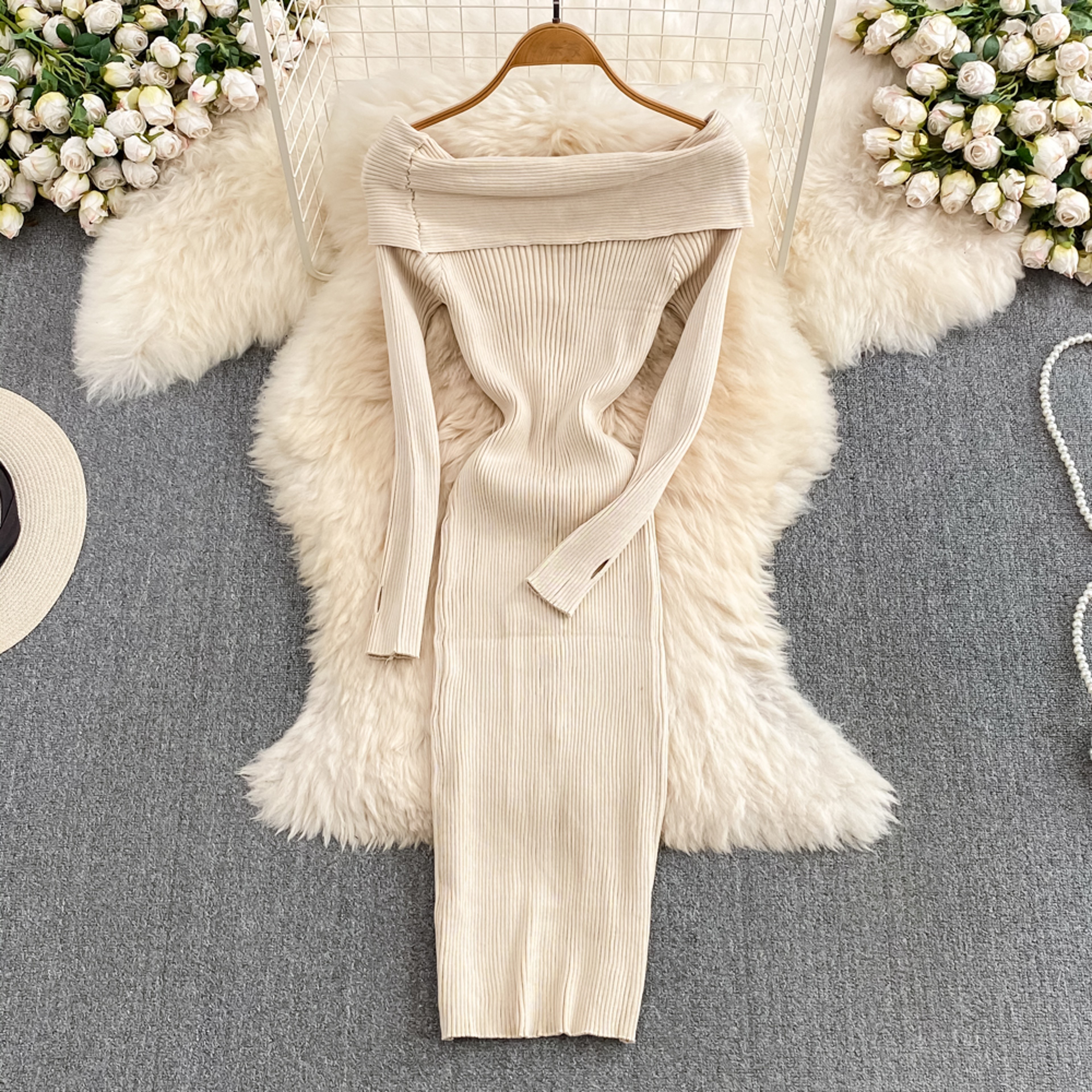 Ins Fashion Women Christmas Red Party Dress High Waist Off Shoulders Long Sleeve Front Split Knitte 3