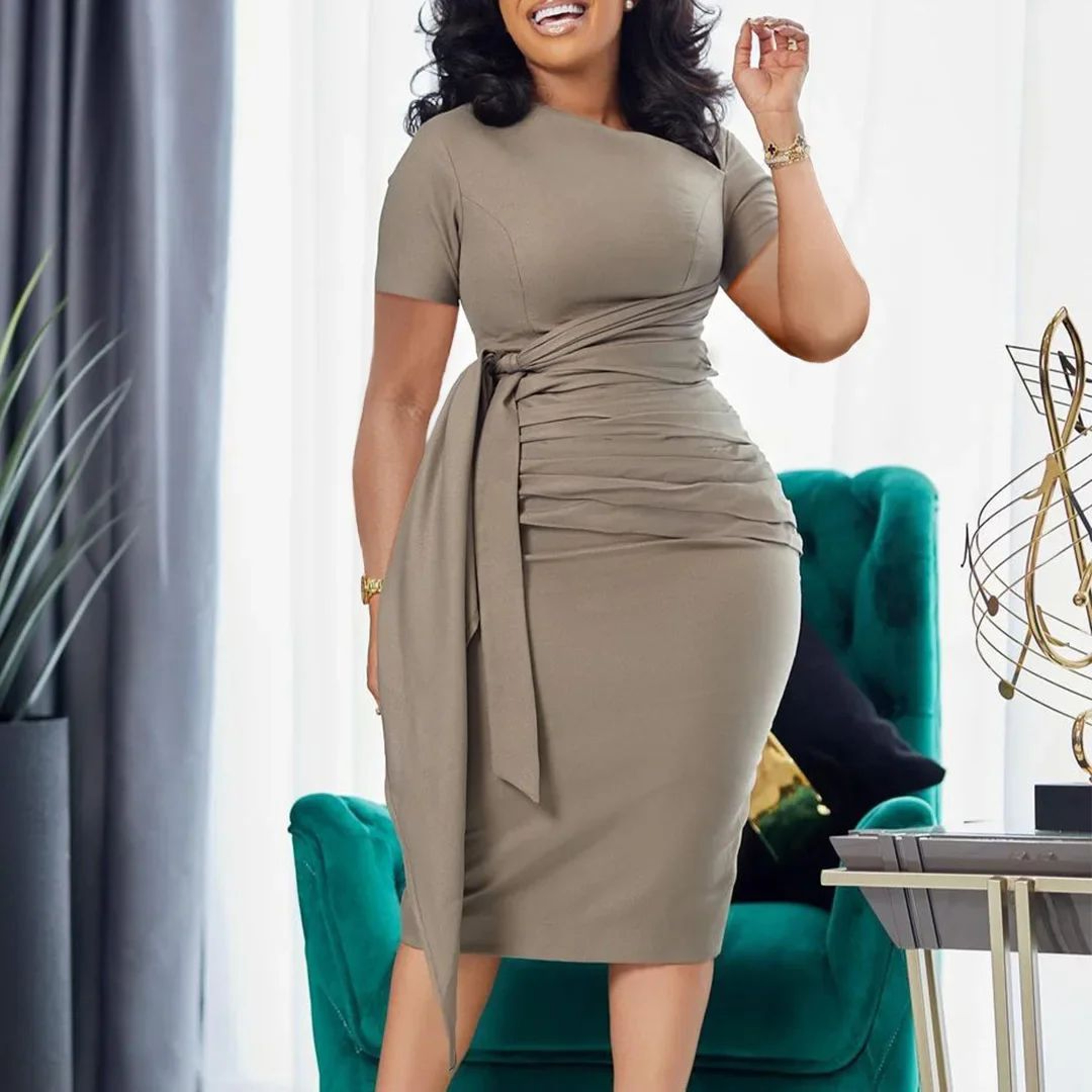 Womens Elegant Pencil Midi Dress Short Sleeve Cocktail Party Dress With Belt 0