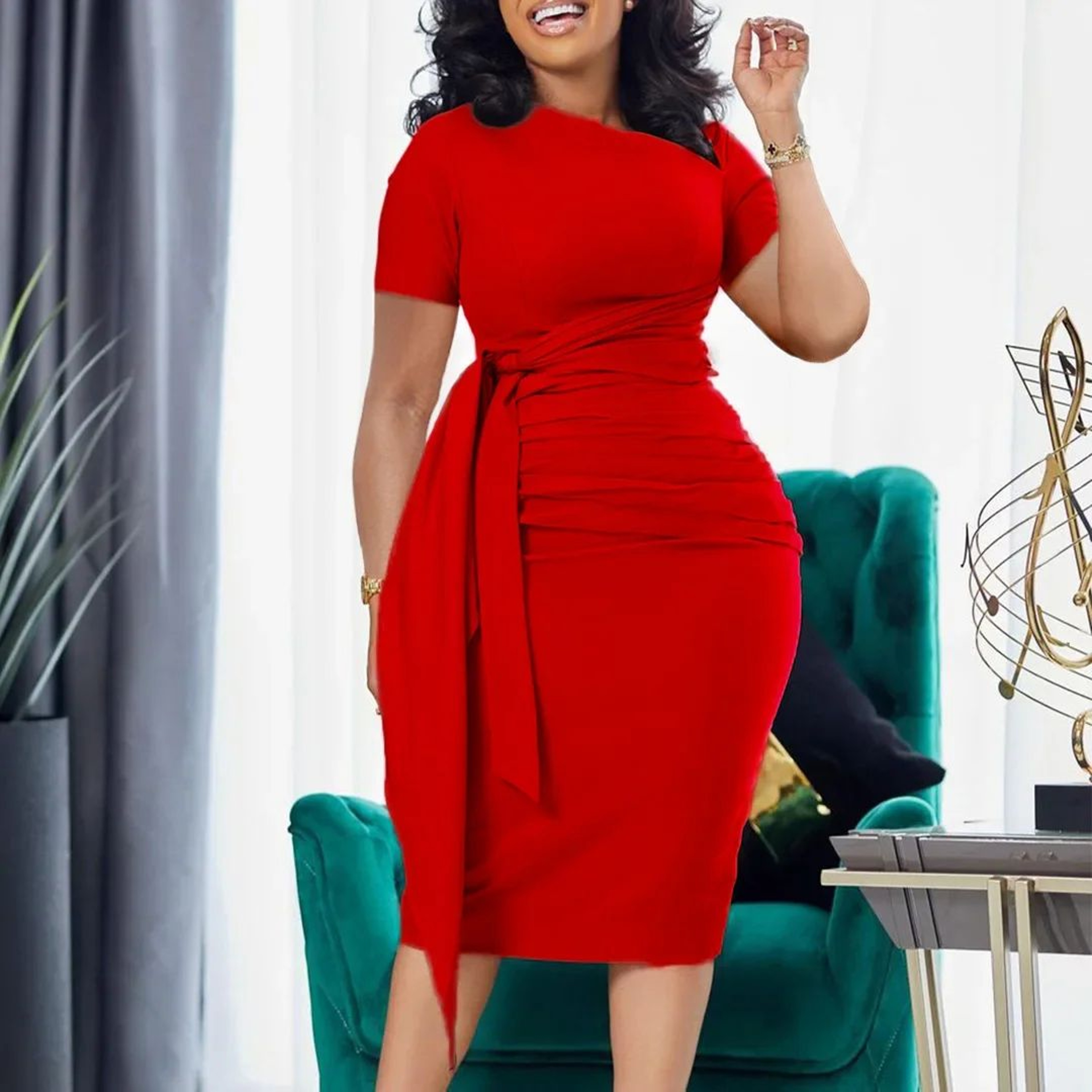 Womens Elegant Pencil Midi Dress Short Sleeve Cocktail Party Dress With Belt 2
