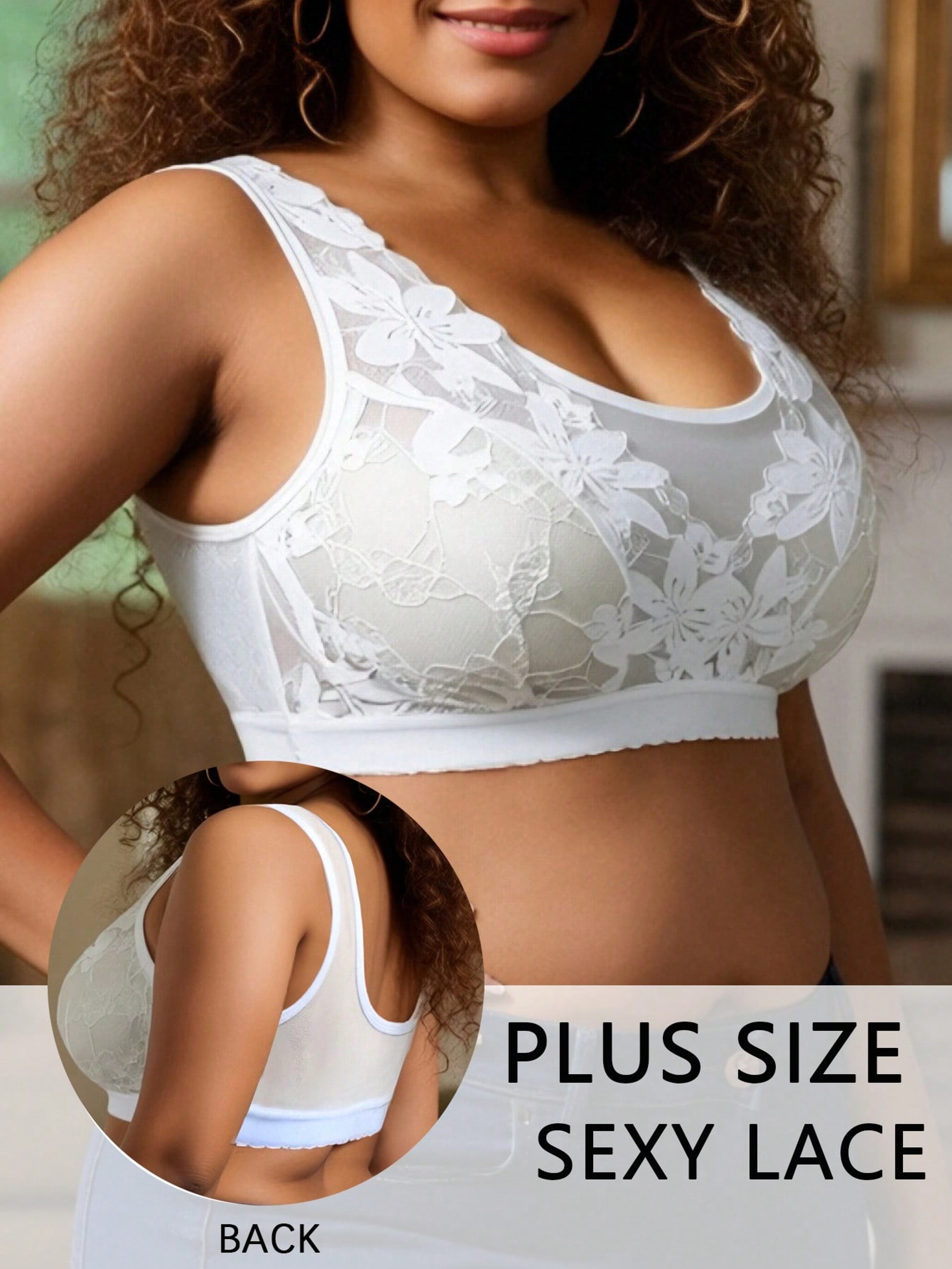 Plus Size Floral Lace Wireless Comfort Bralette – Breathable Wide Strap Lounge & Sleep – view 3