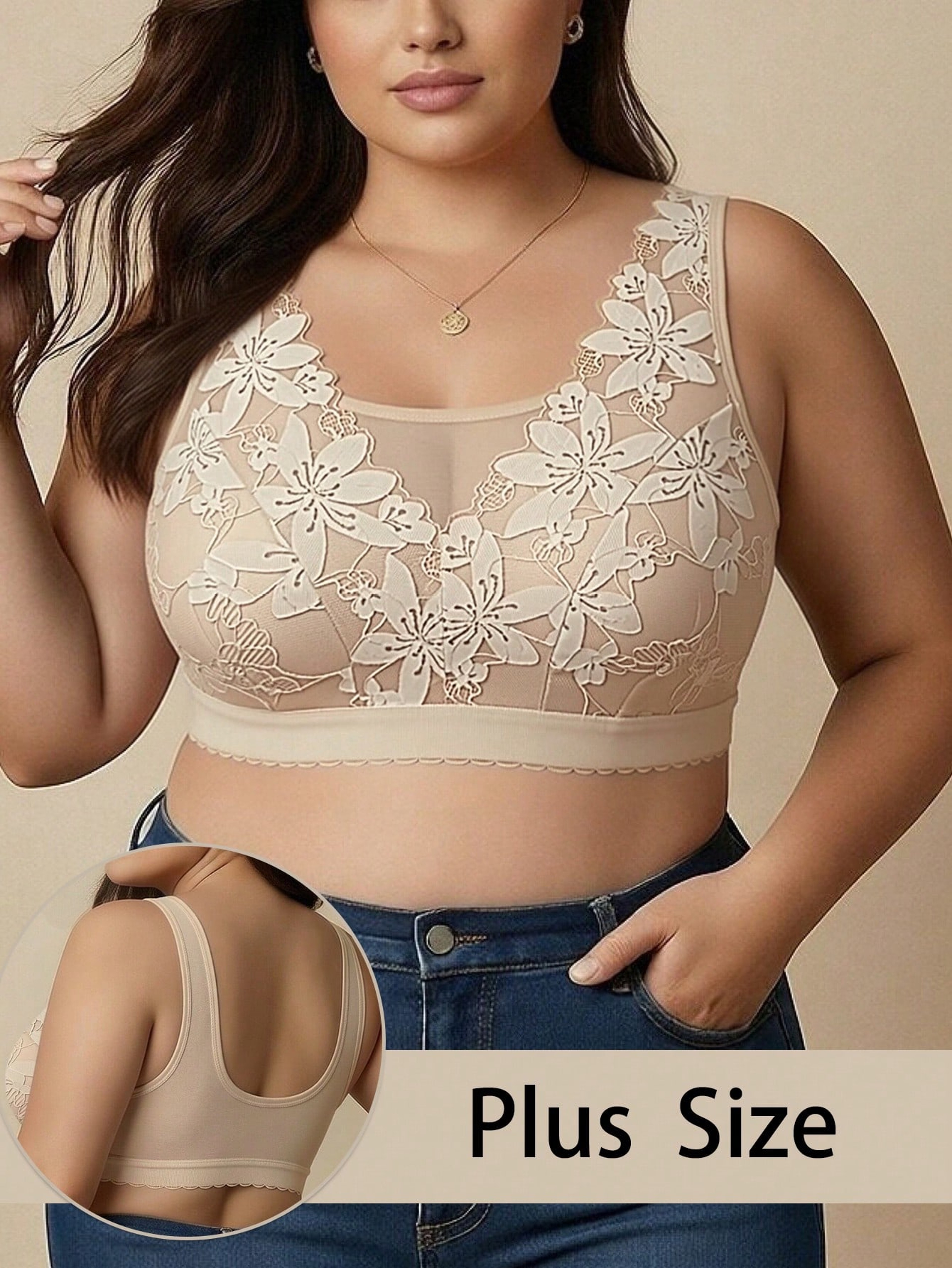 ComfortCurve Plus Size White Floral Lace Bralette  Wireless Comfort  Breathable Wide Strap Support 8