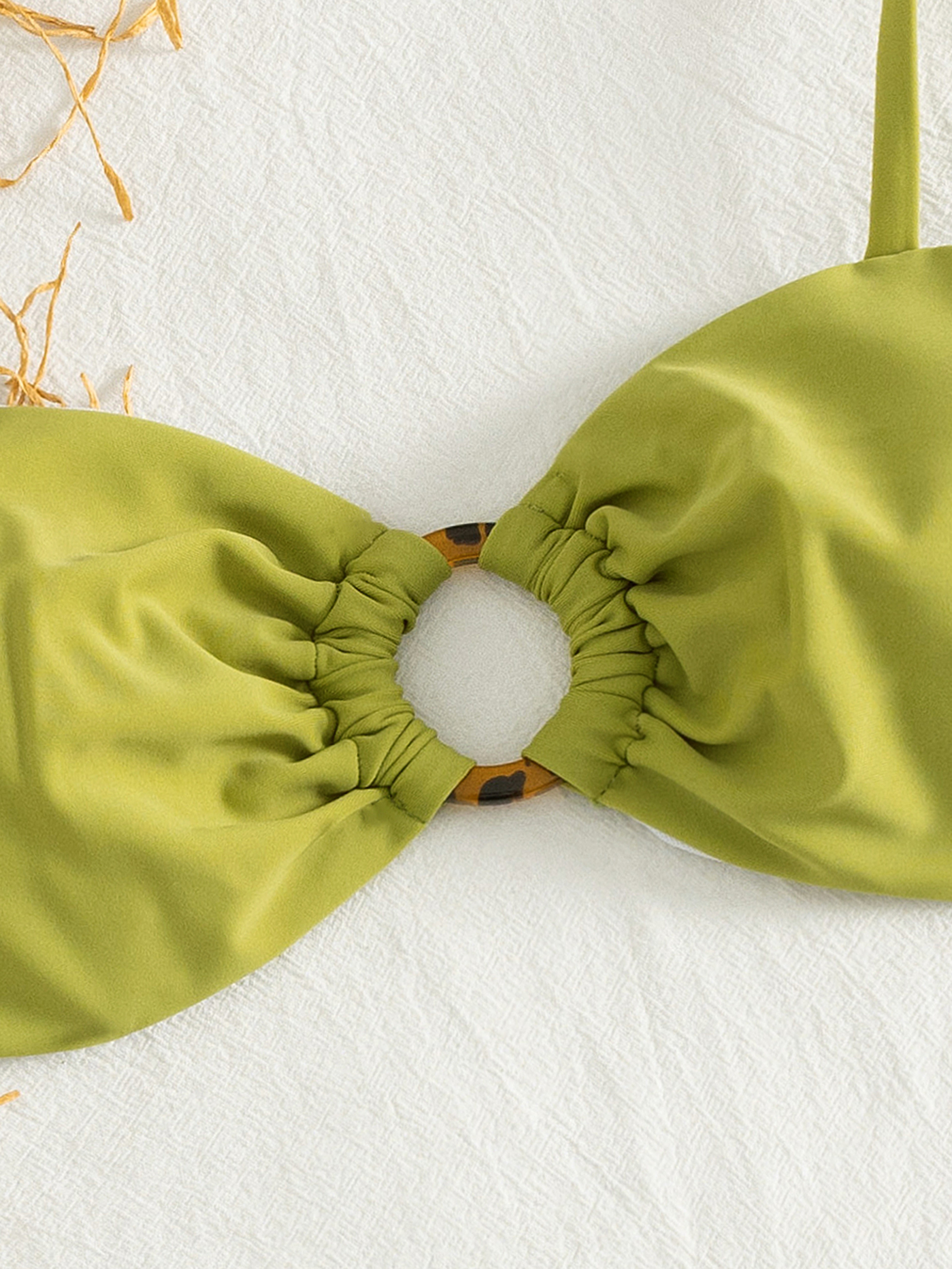 Green Ruched Piece Swimwear Set  Flattering Bikini With Skirt 3