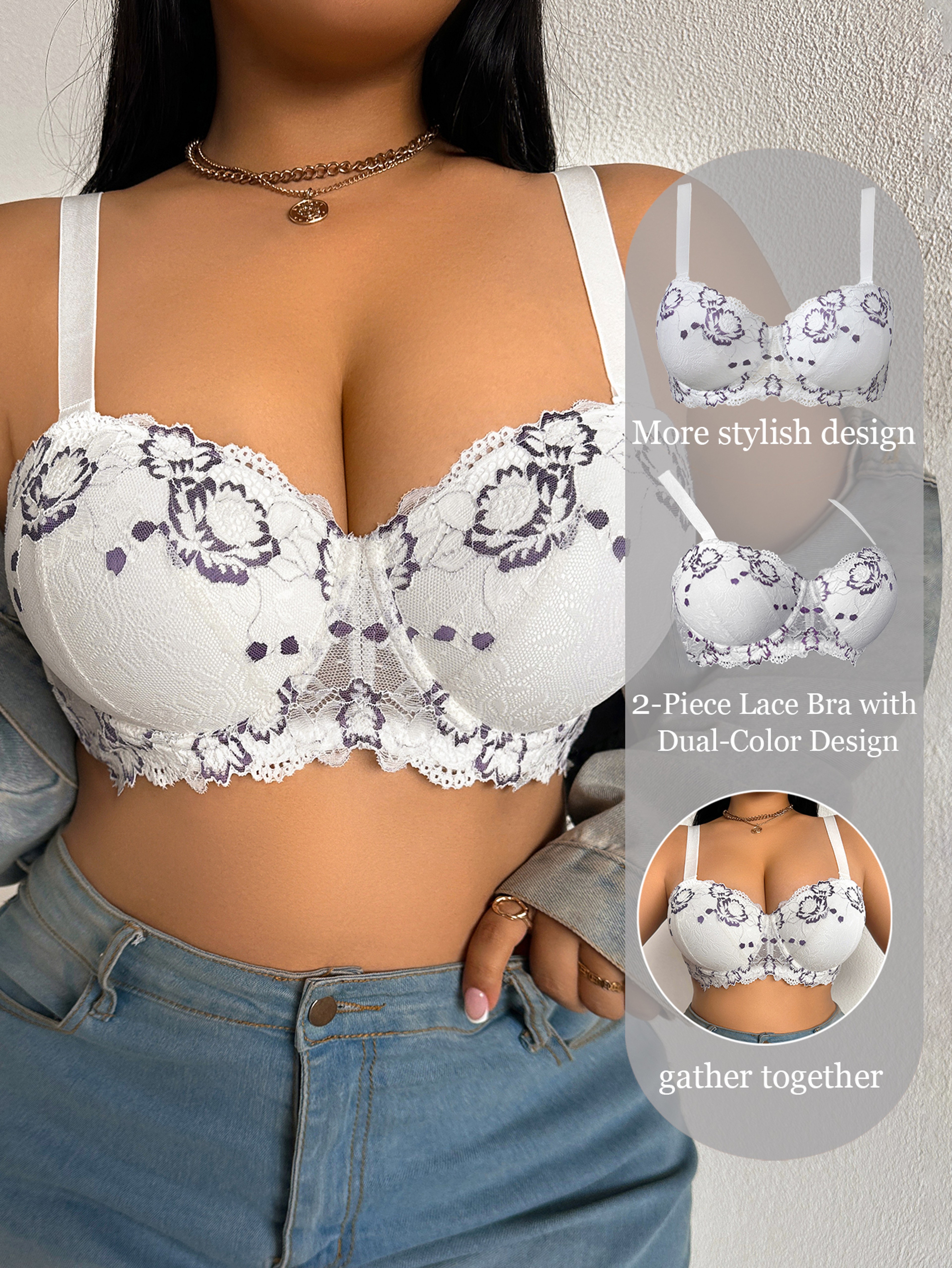 Wide Strap Plus Size Lace Push Up Bra with Underwire Support – view 8