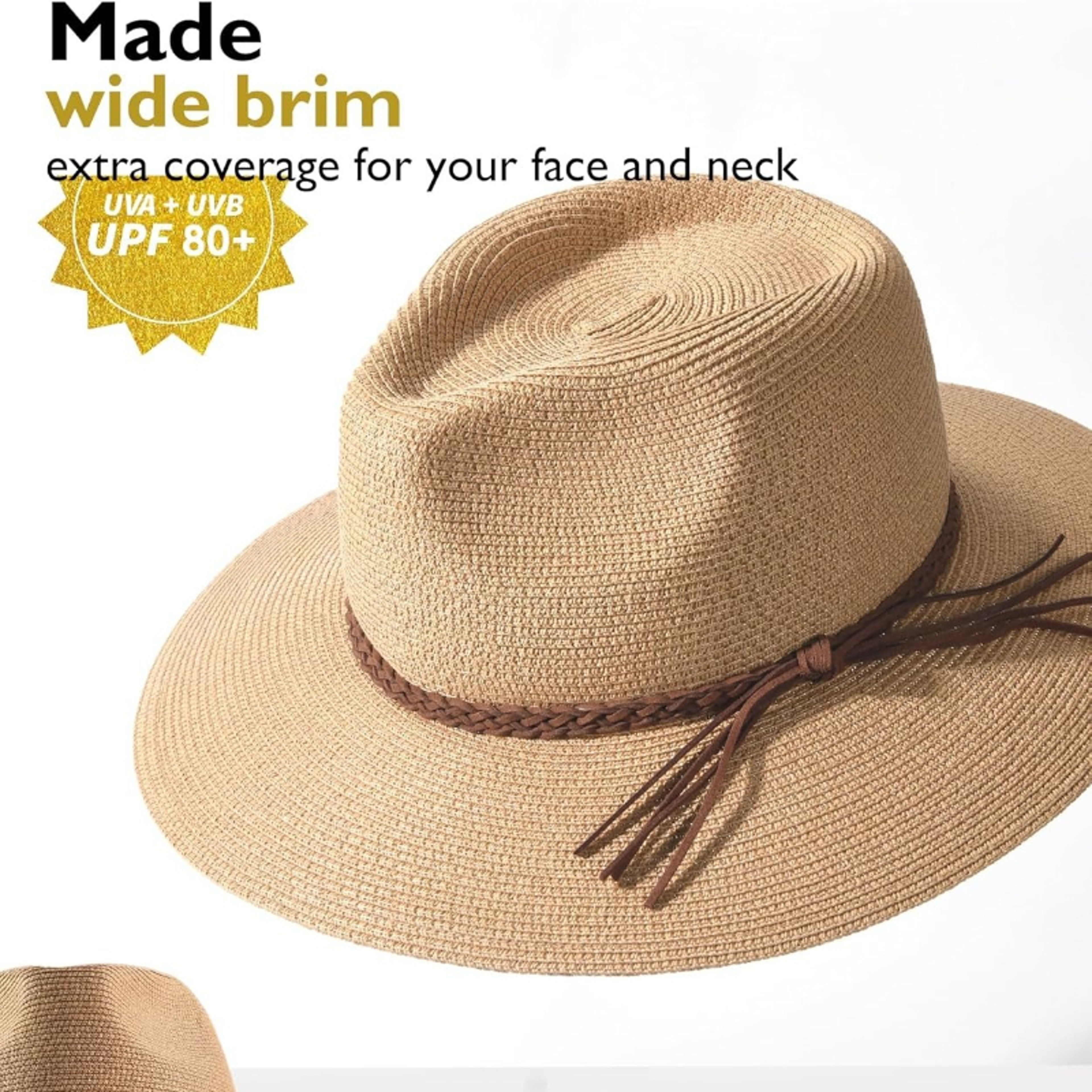 Womens UPF Wide Brim Straw Sun Hat Foldable Beach Travel Fedora – view 2