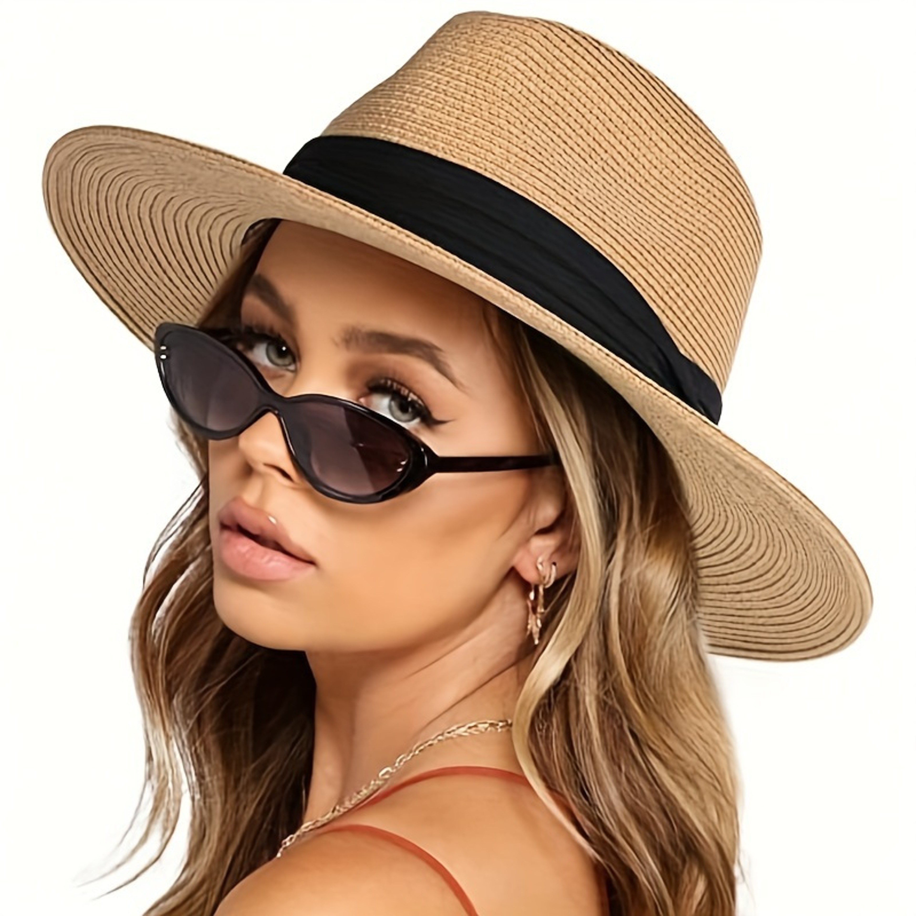 Straw Hat Summer Straw Fedora Hat with Ribbon Band – view 1