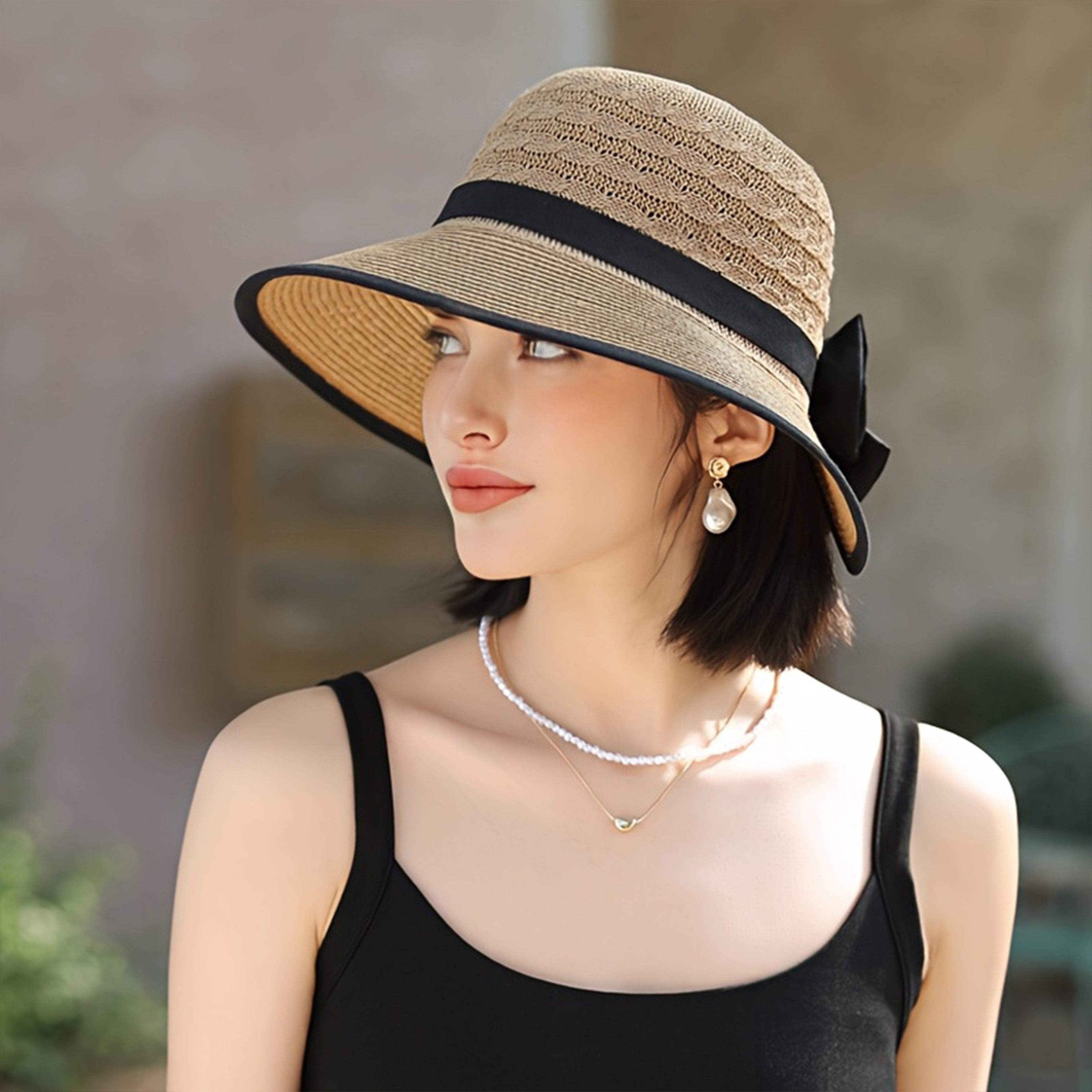 Womens Wide Brim Straw Sun Hat With Elegant Bowknot 0