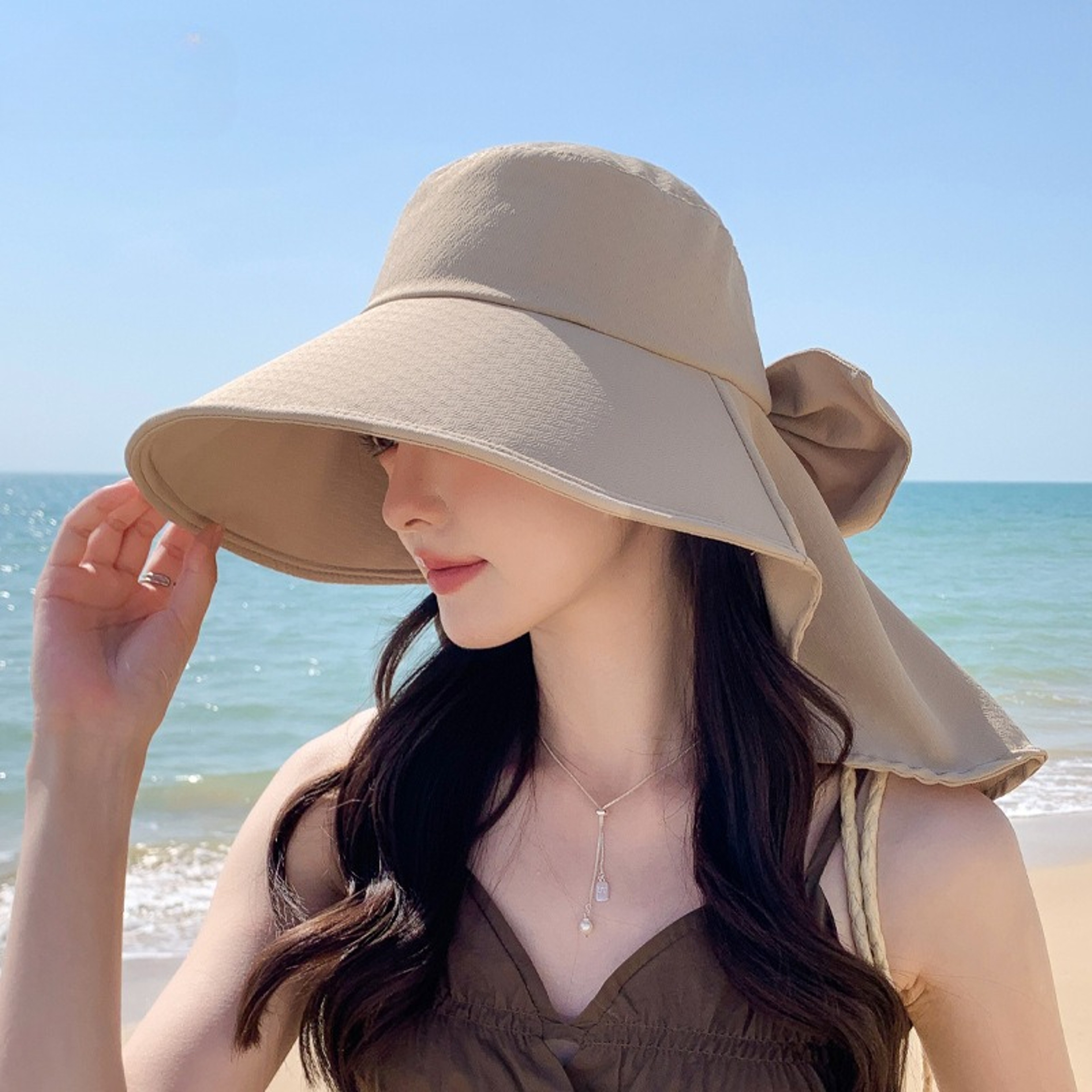 Womens Wide Brim Sun Protection Hat with Cape Bow for Summer Outdoors – view 4