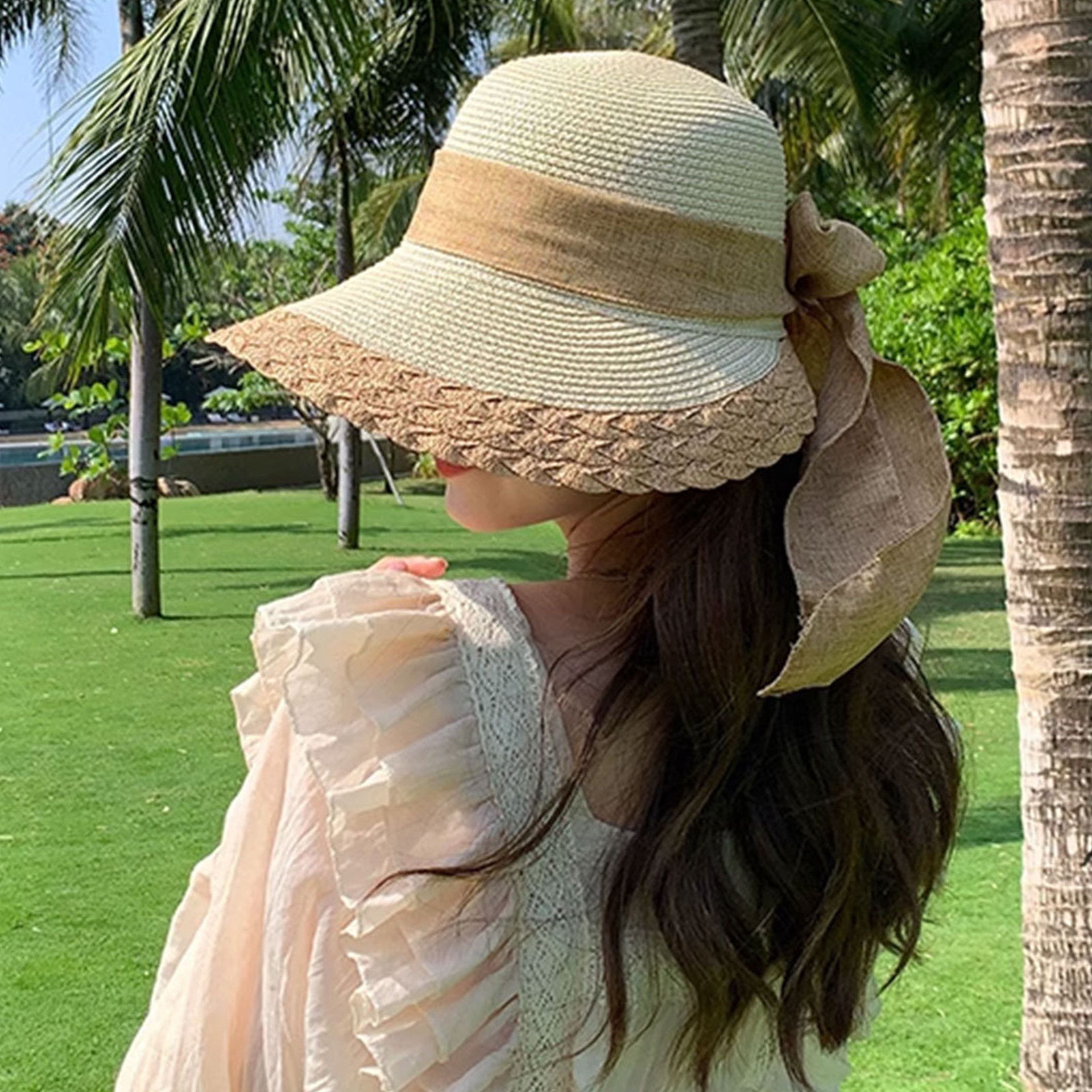 Women Wide Brim Straw Hat With Lace Edge Bowknot Beach Sun Cap 0