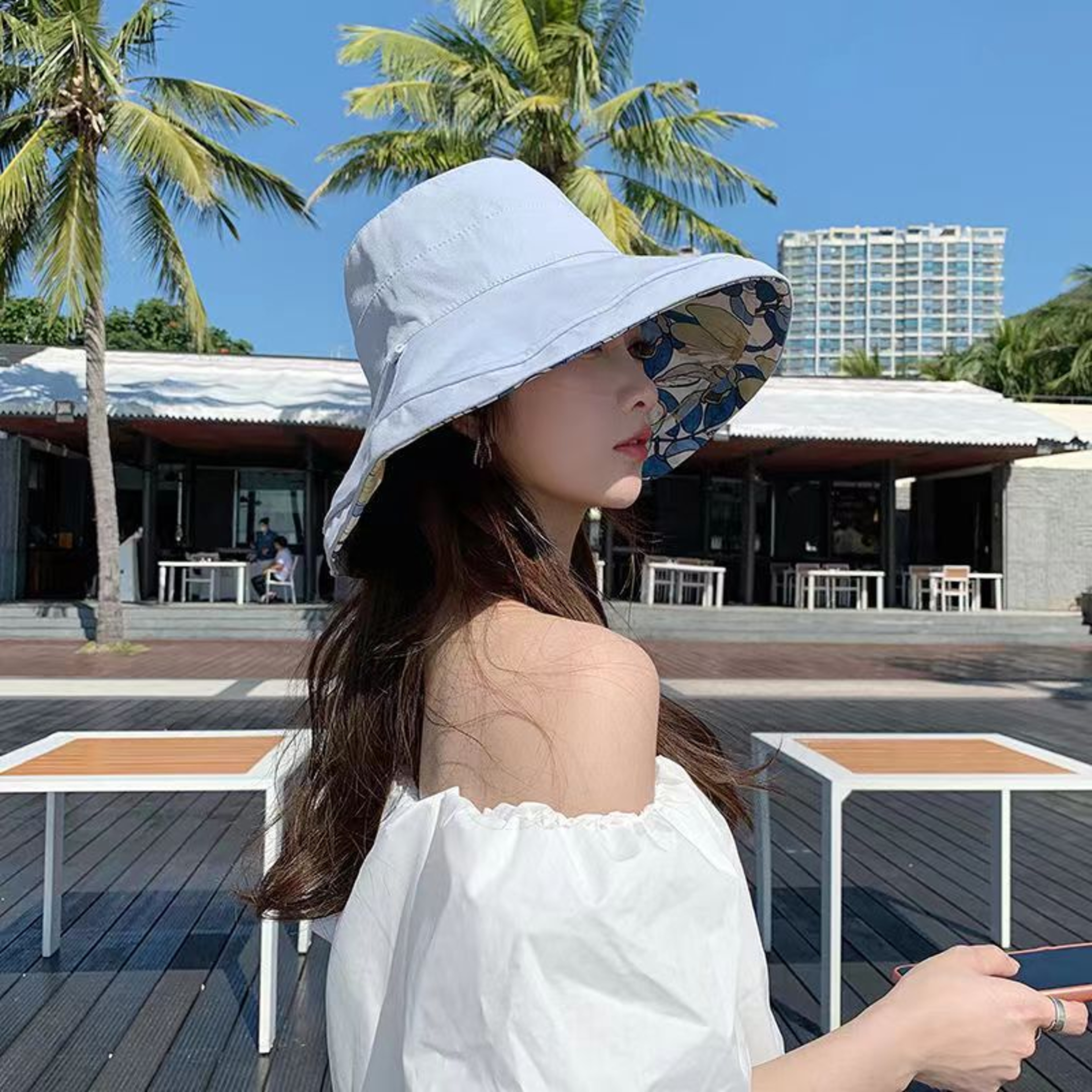 Reversible Wide Brim Sun Hat for Women with Floral Print and Windproof Chin Strap – view 4