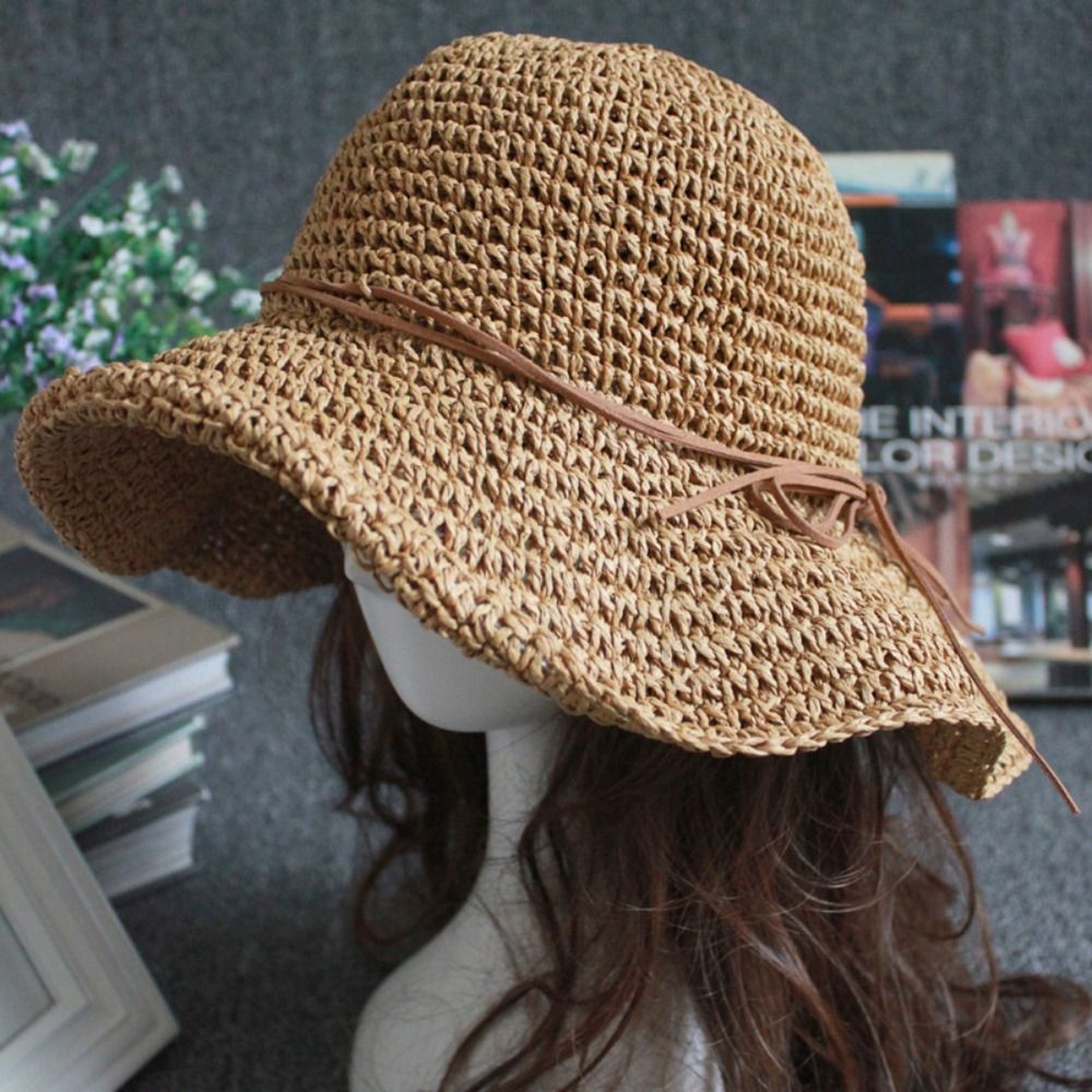 French Bow Wide Brim Straw Hat Foldable Beach Sun Hat for Women – view 1