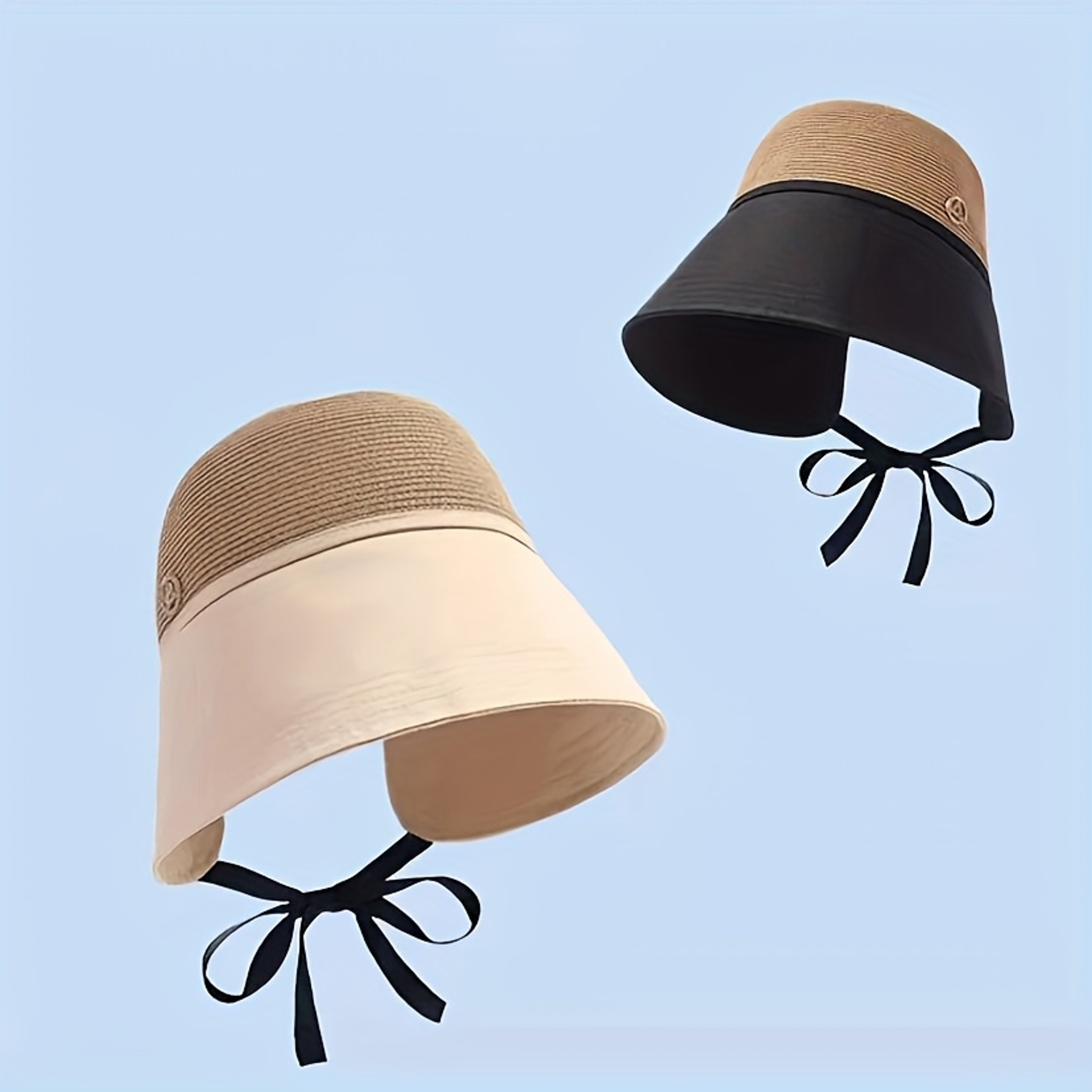 Womens Patchwork Straw Wide Brim Sun Hat With Pocket Scarf Face Cover 3