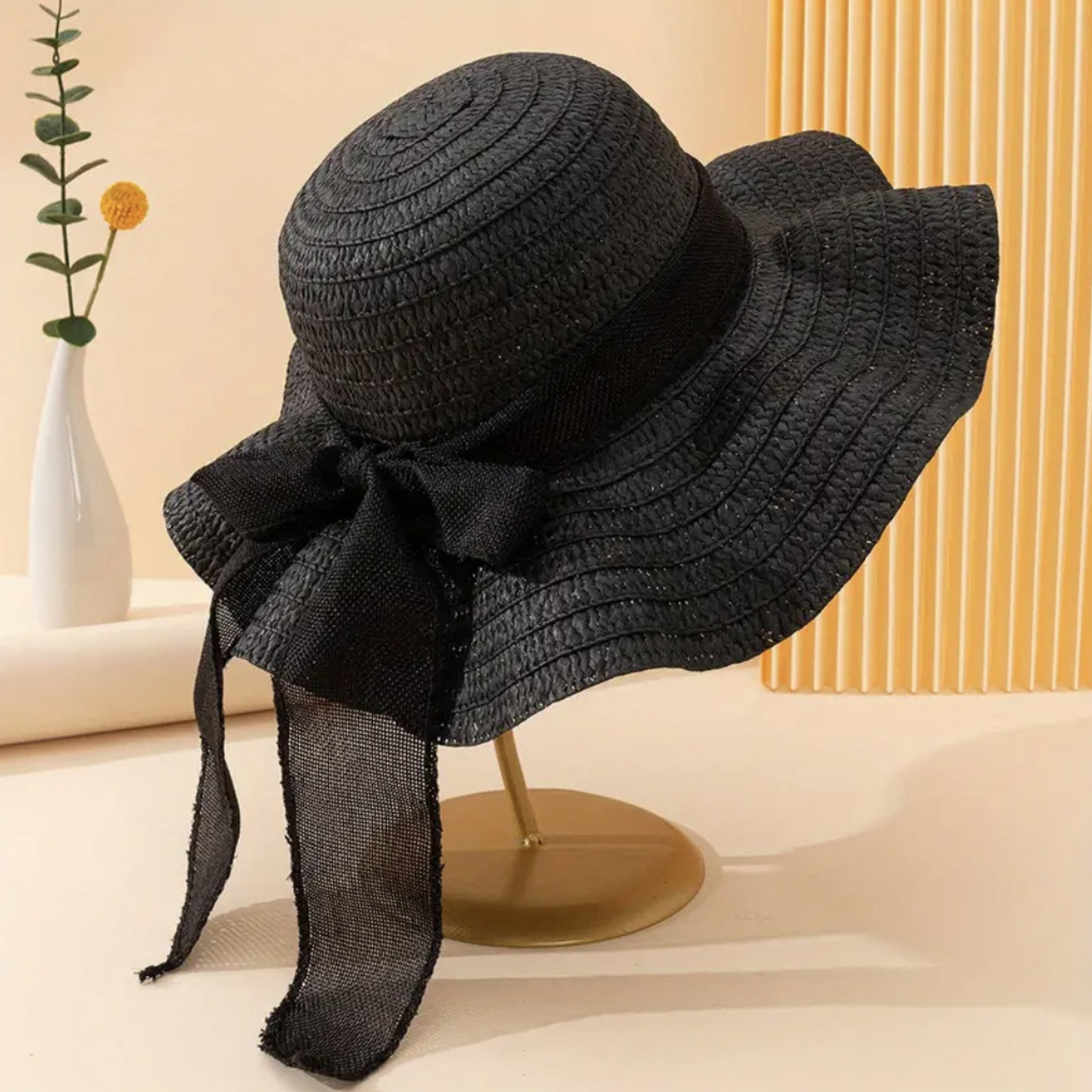 Women Khaki Wave Striped Bowknot Beach Hat Boho Straw Sun Hat for Vacation – view 7