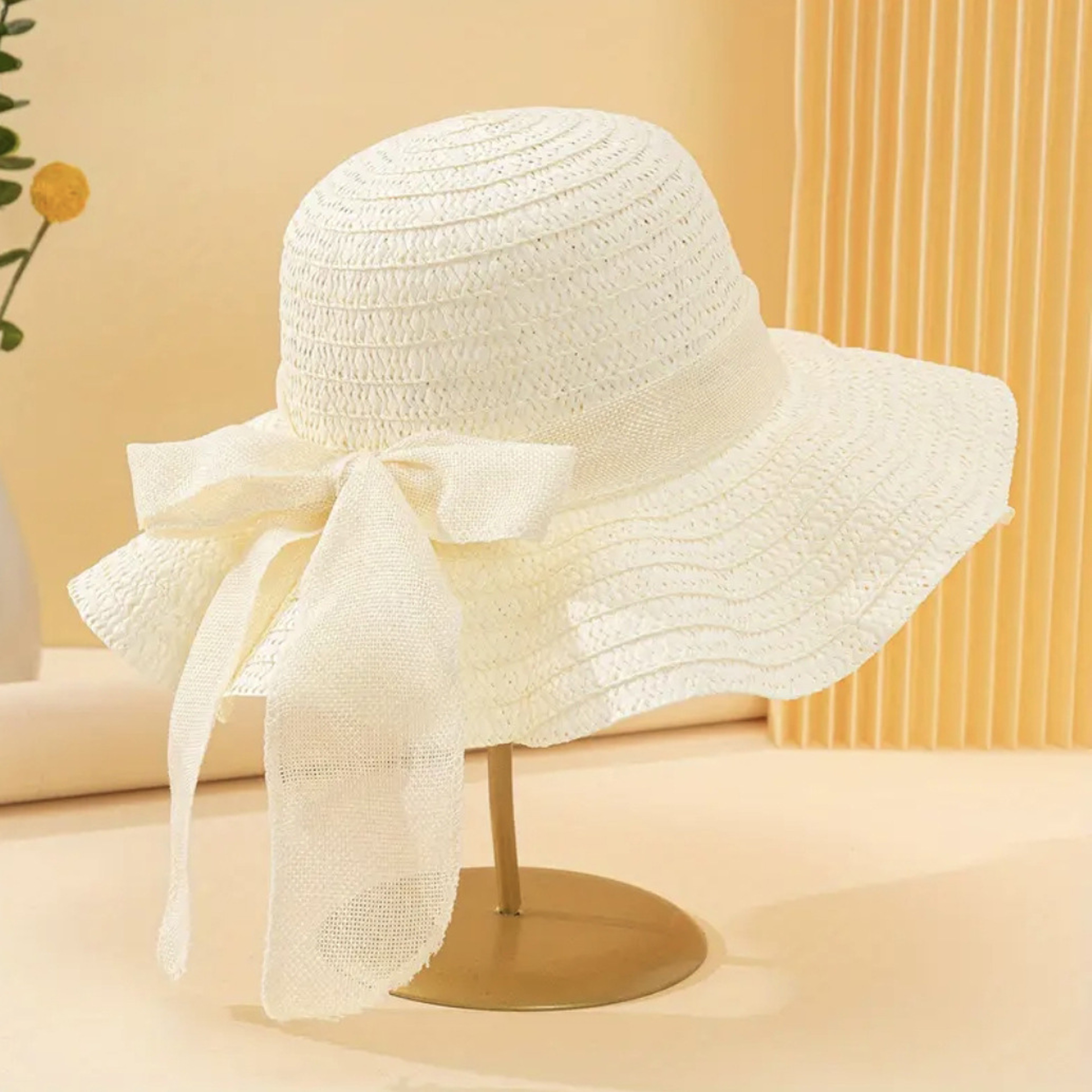 Women Khaki Wave Striped Bowknot Beach Hat Boho Straw Sun Hat for Vacation – view 10