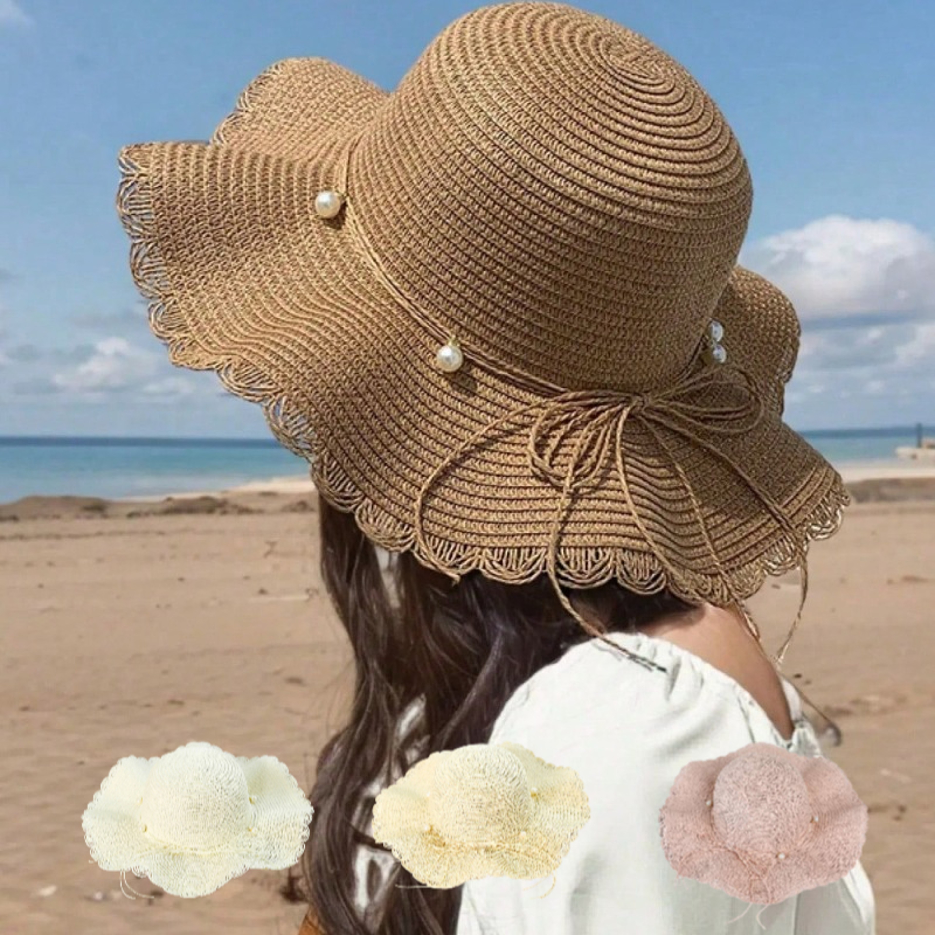 Elegant Khaki Wave Womens Beach Sun Hat with Faux Pearl Bowknot – view 1