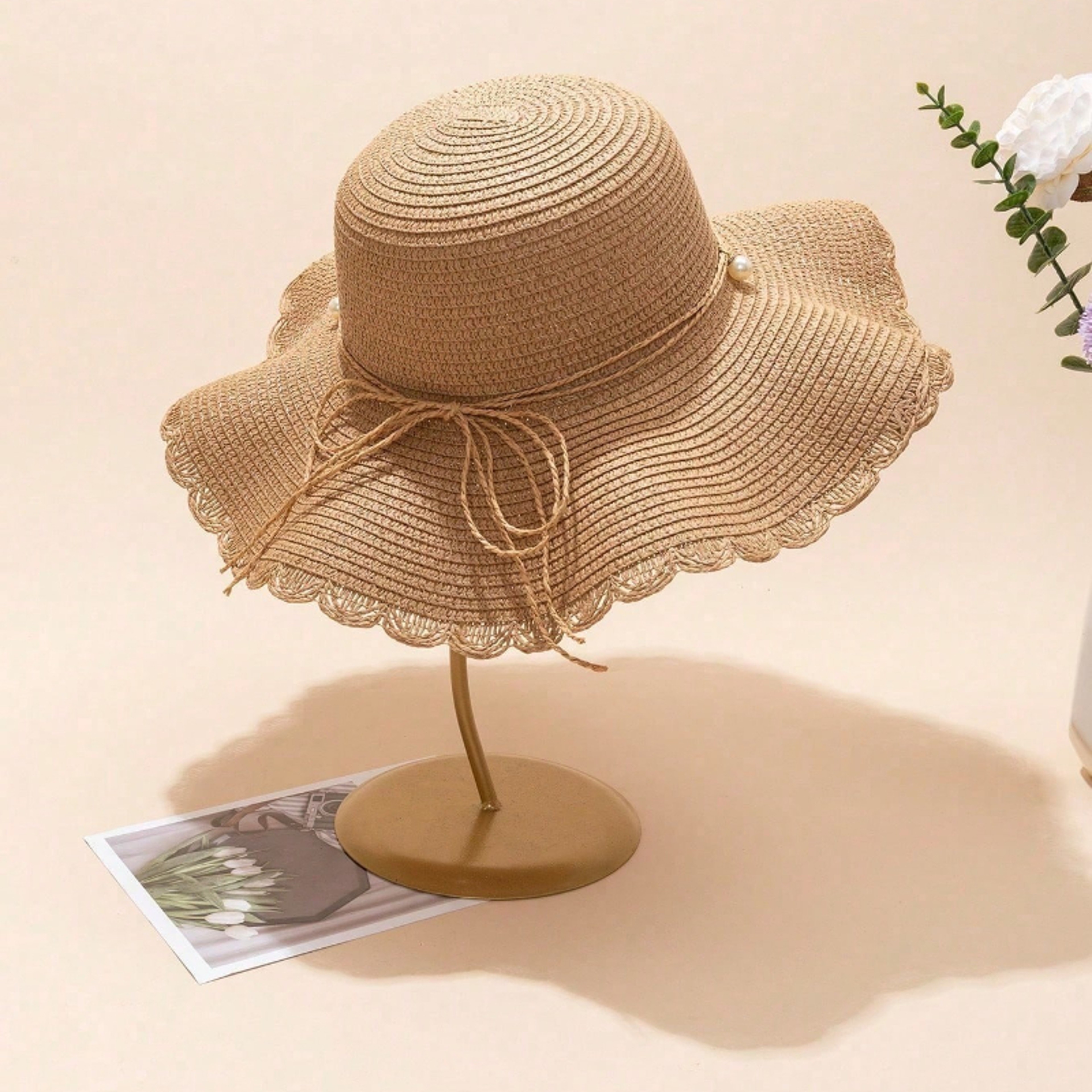 Elegant Khaki Wave Womens Beach Sun Hat with Faux Pearl Bowknot – view 2