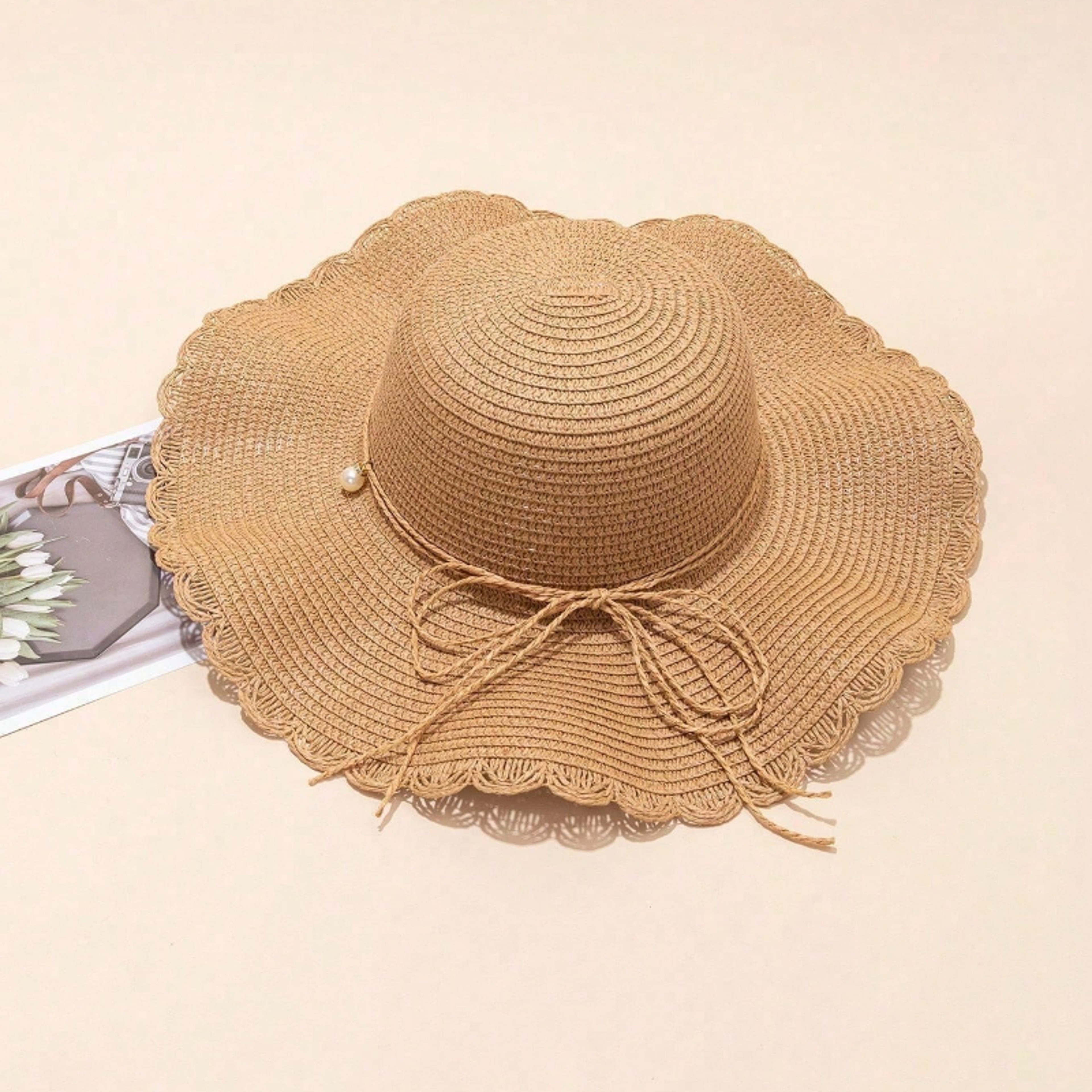 Elegant Khaki Wave Womens Beach Sun Hat with Faux Pearl Bowknot – view 3