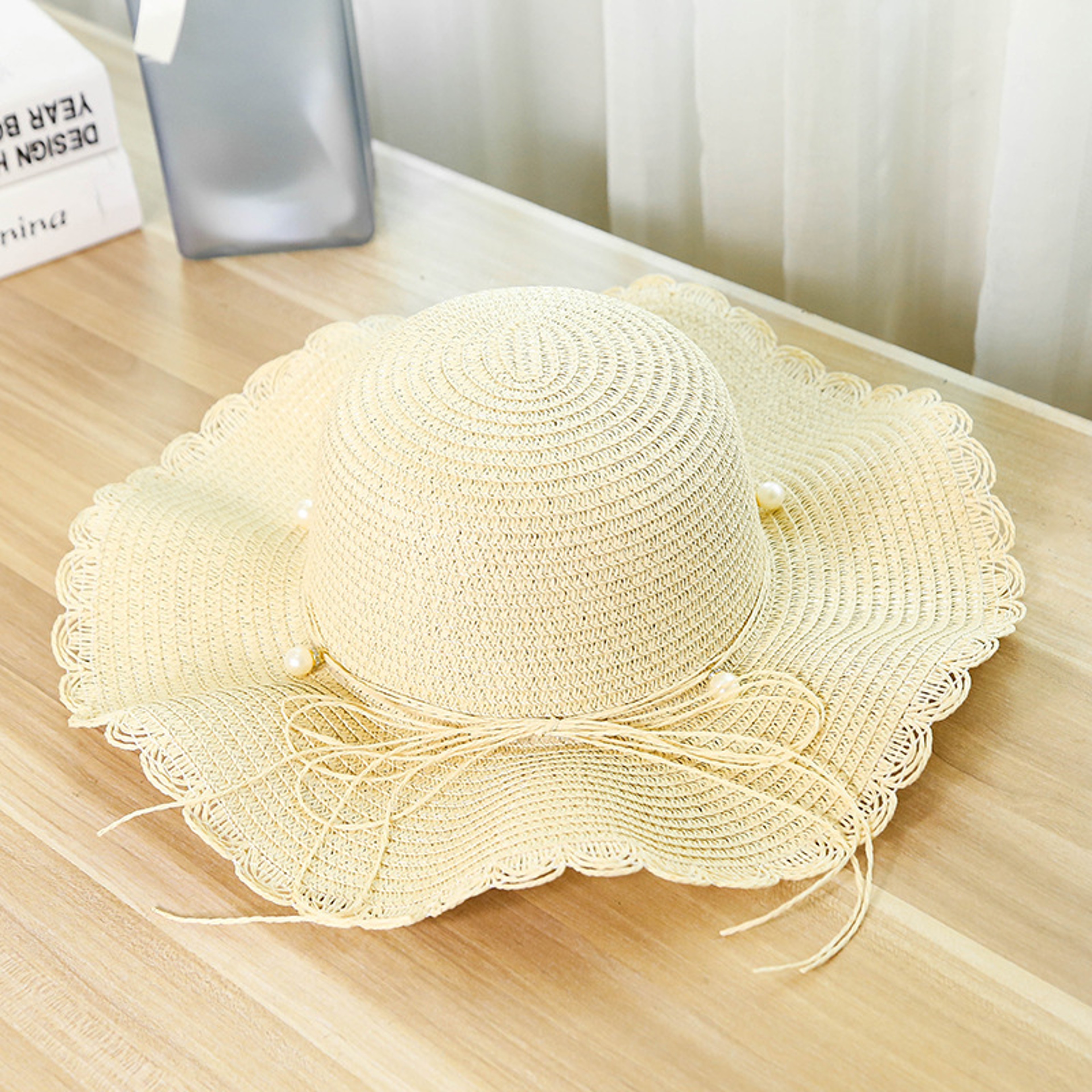 Elegant Khaki Wave Womens Beach Sun Hat with Faux Pearl Bowknot – view 8