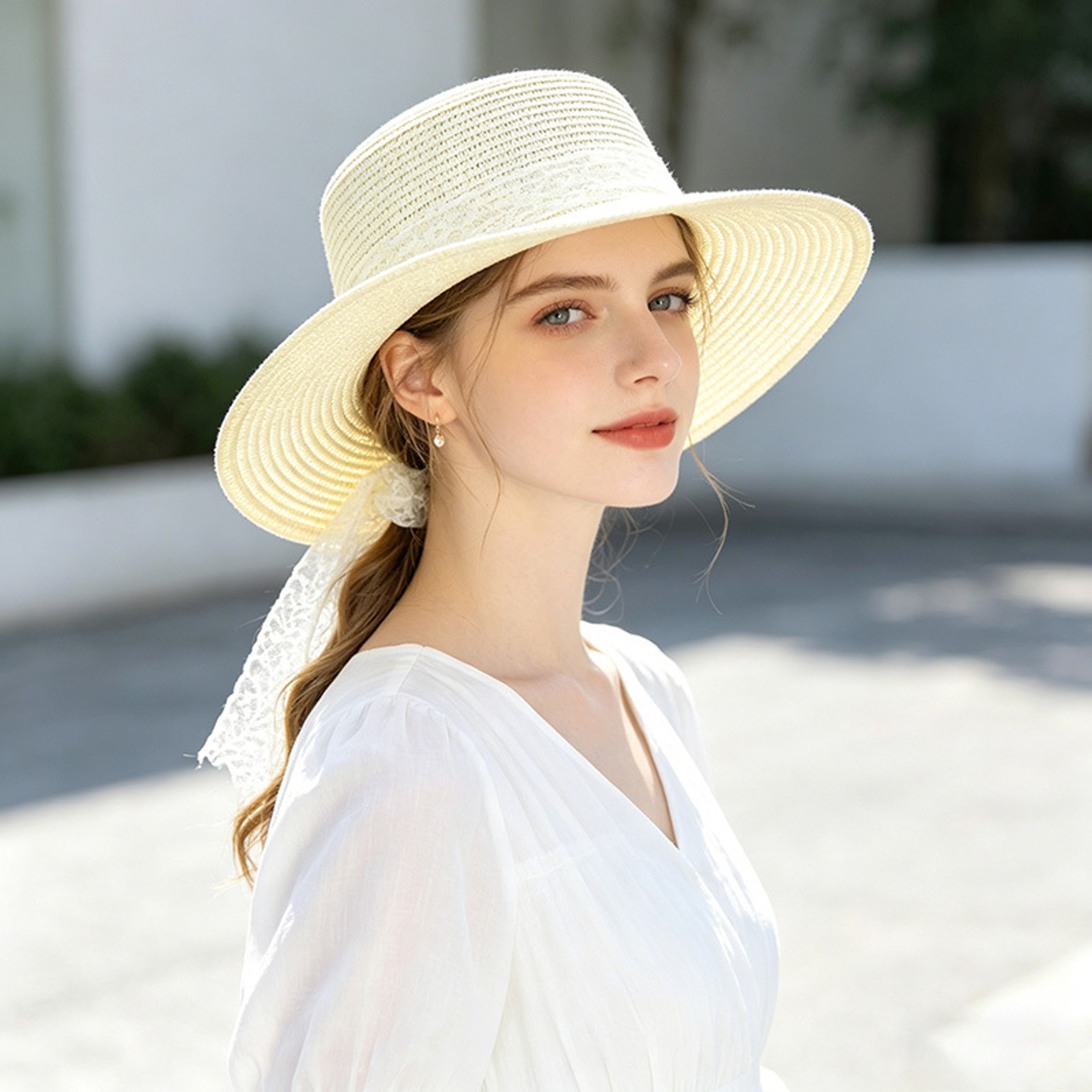 Womens Wide Brim Straw Beach Hat with Bow – view 4