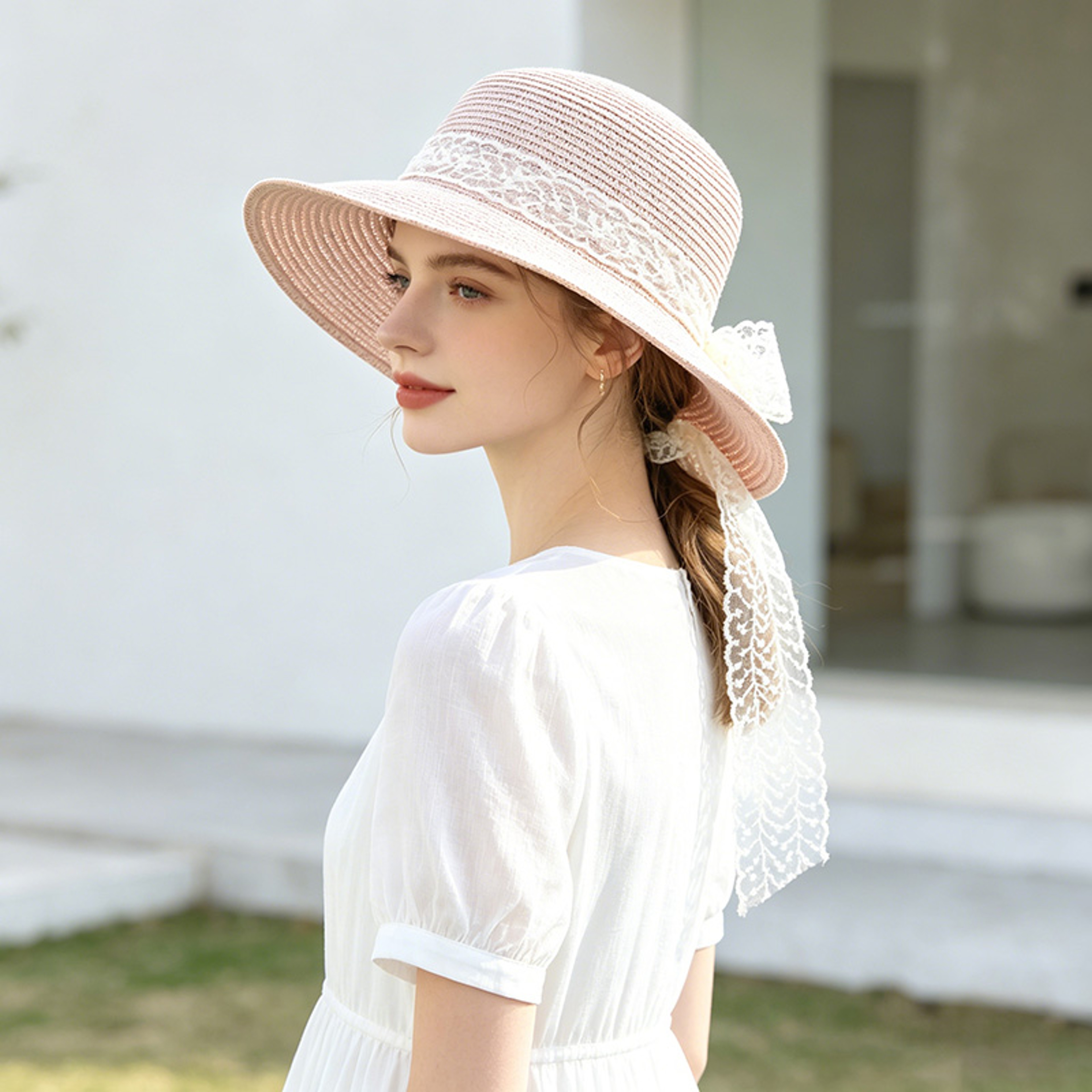 Womens Wide Brim Straw Beach Hat with Bow – view 9