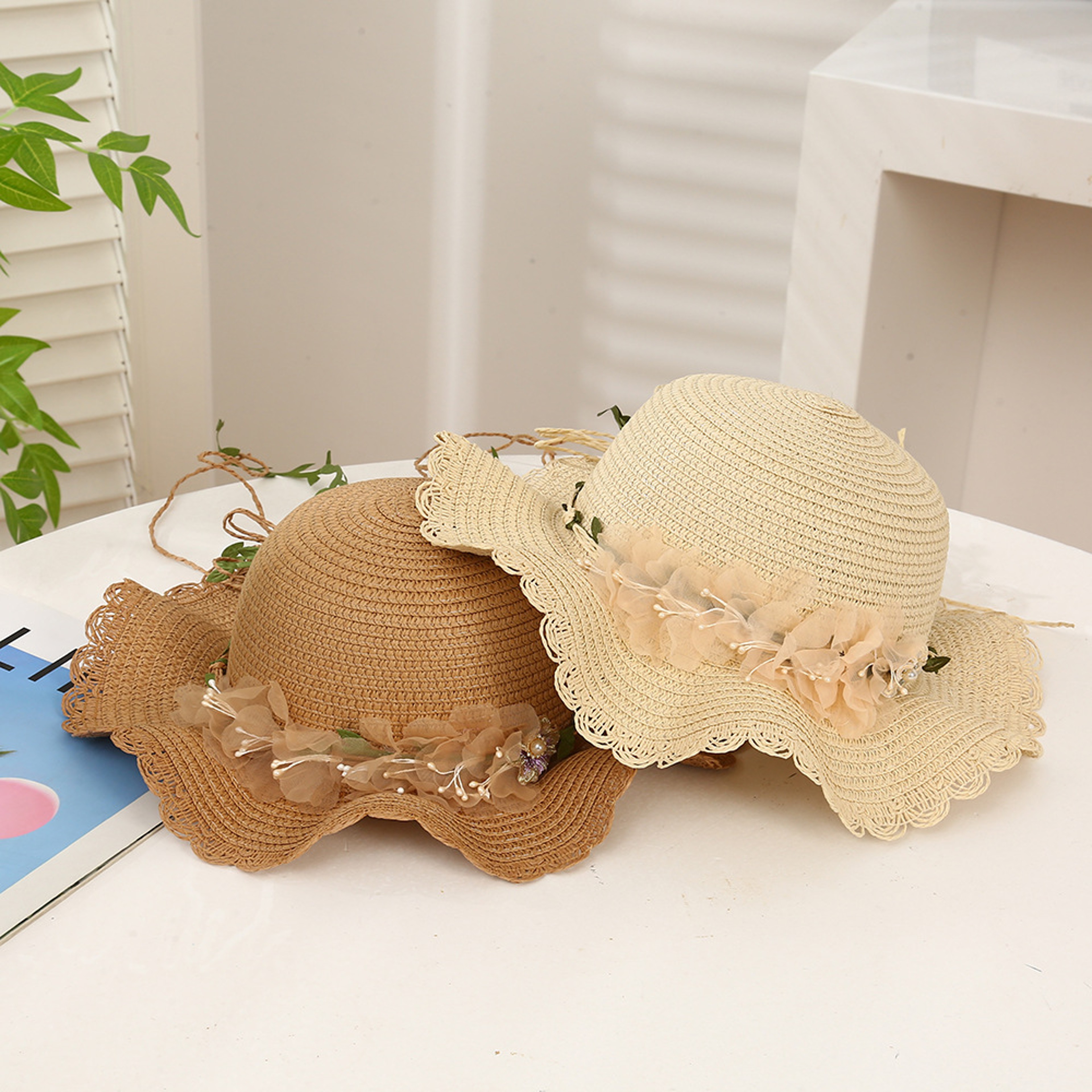 French Floral Wavy Edge Straw Sun Hat Wide Brim Beach Hat – view 5