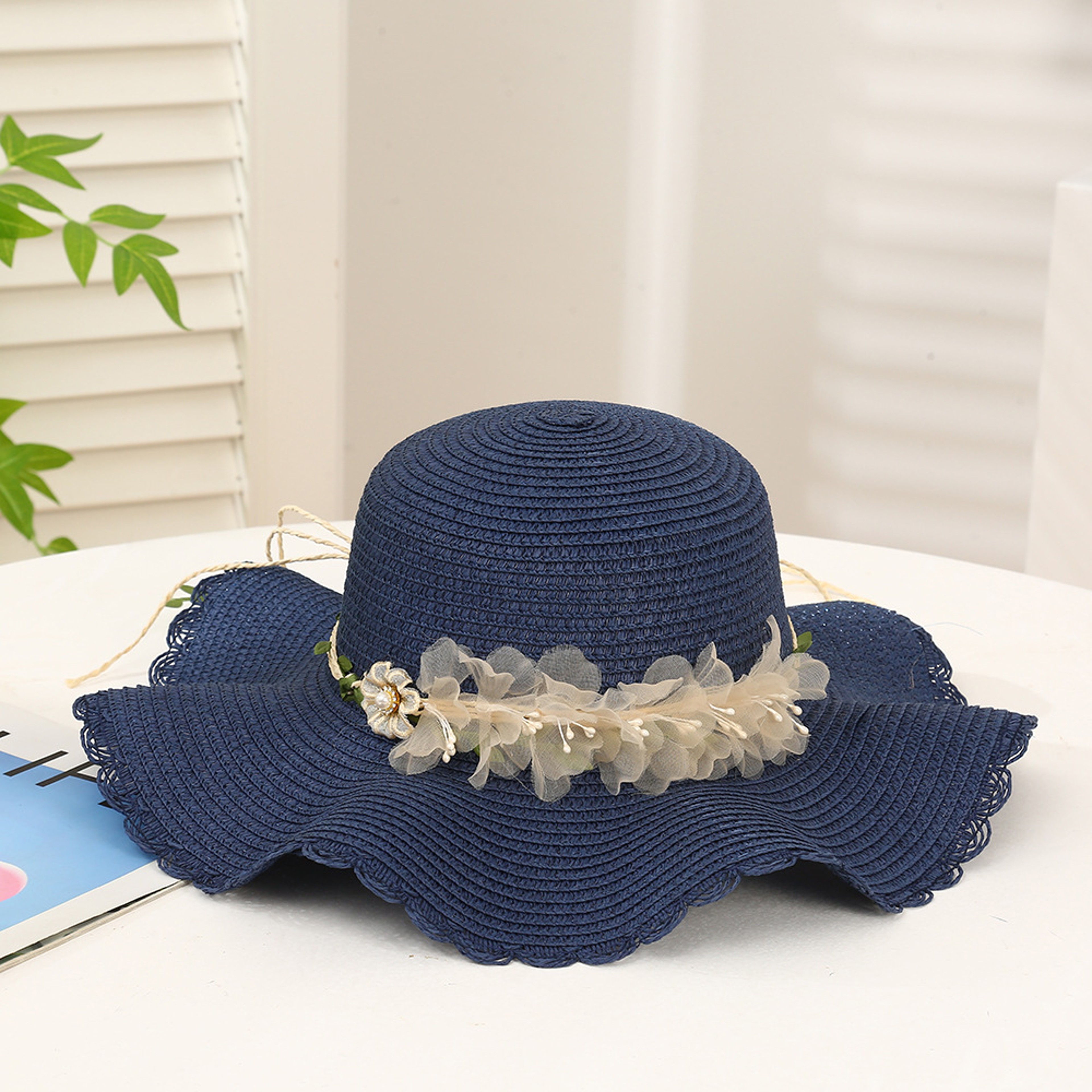 French Floral Wavy Edge Straw Sun Hat Wide Brim Beach Hat – view 7