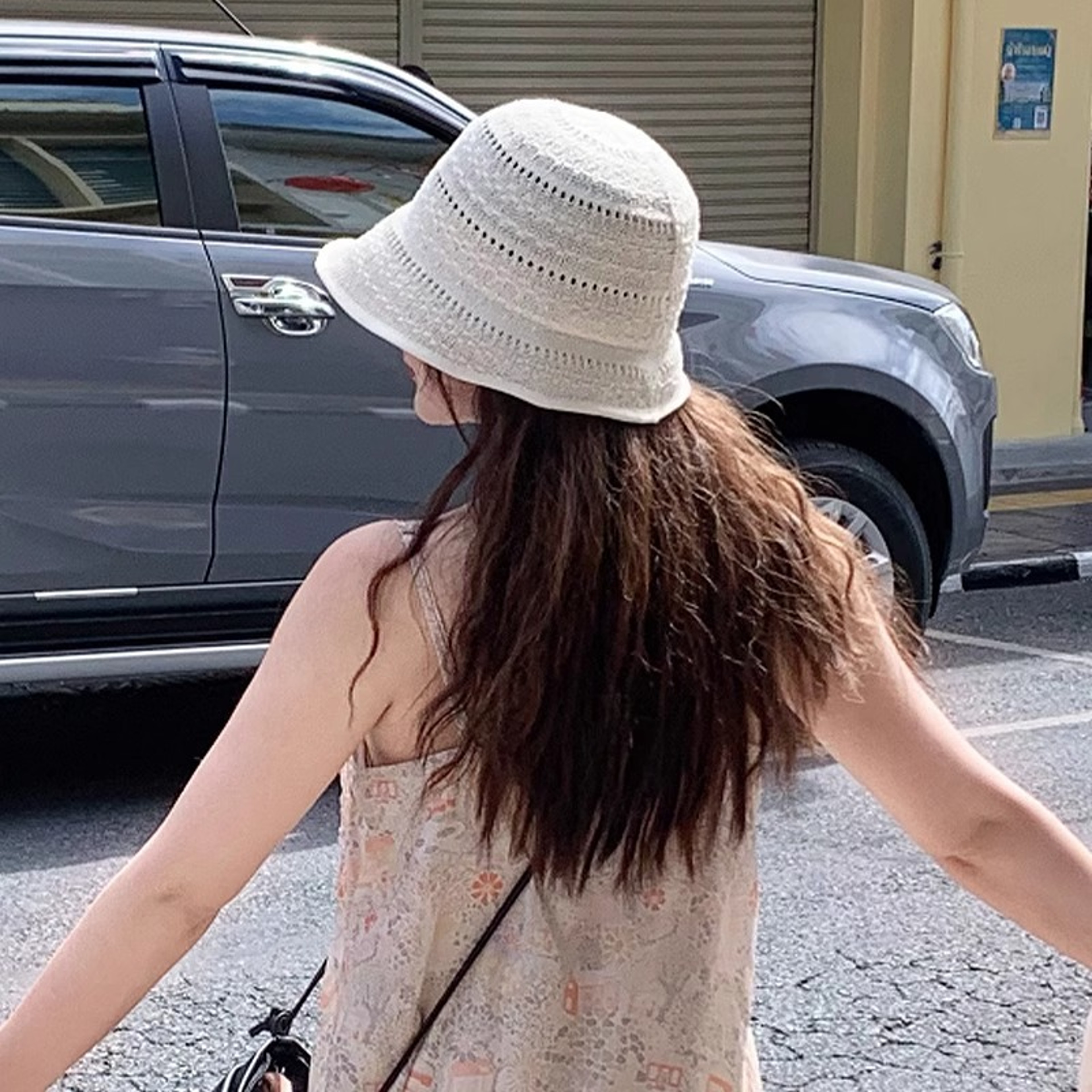 Foldable Crochet Bucket Hat For Women Hollow Out Summer Beach Cap 3