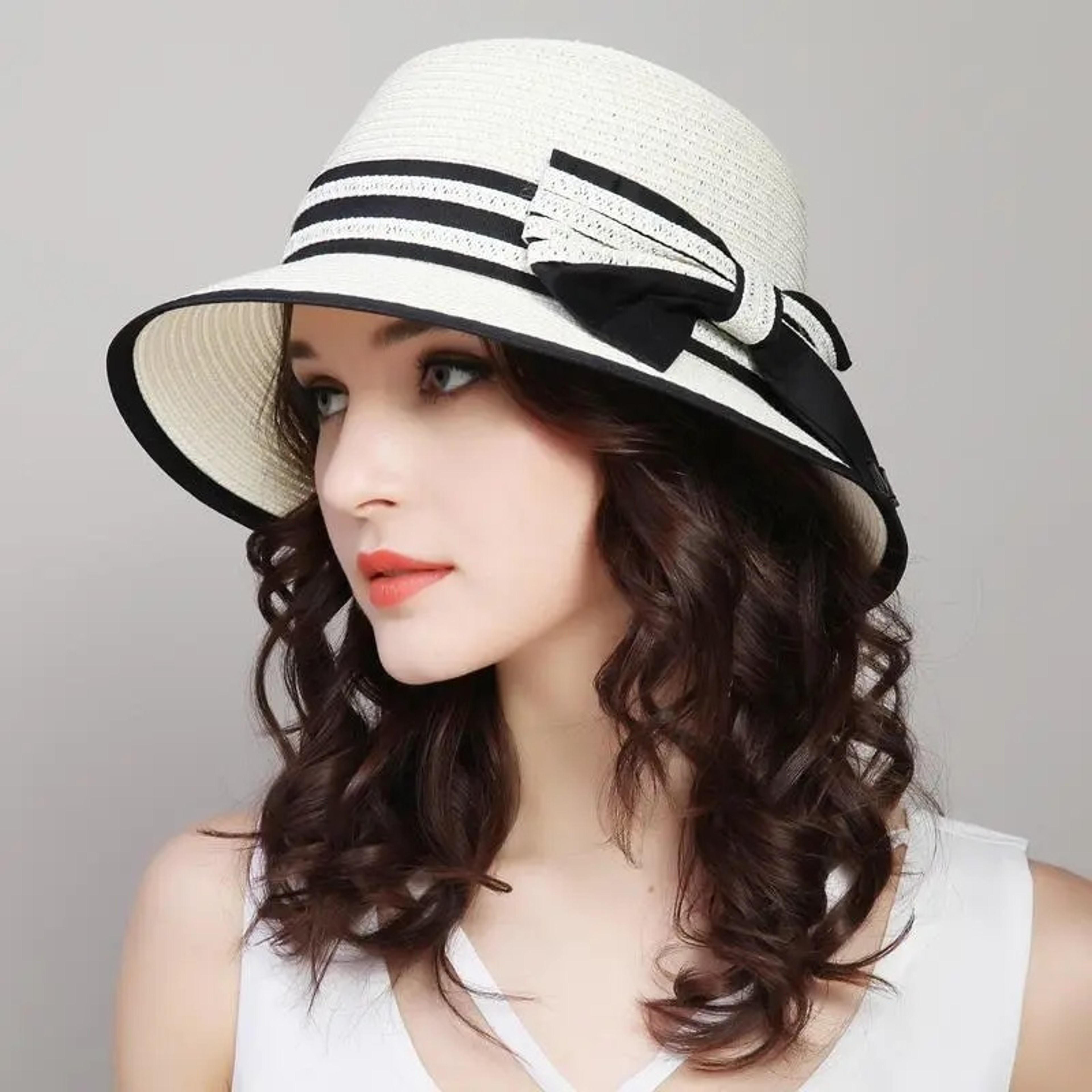 French Bowknot Straw Sun Hat For Women Breathable Summer Beach Hat 0