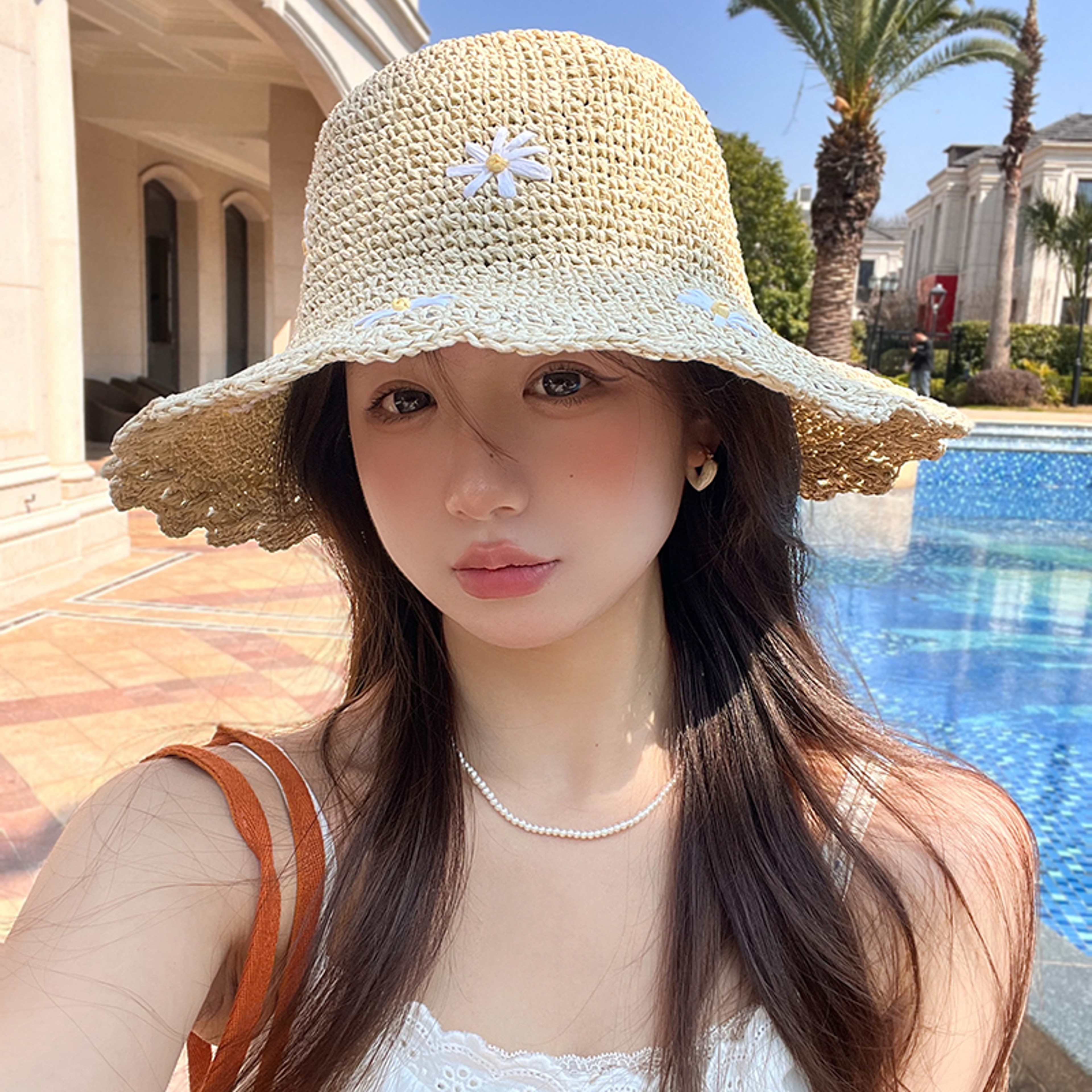 Womens Crochet Straw Flower Bucket Hat Foldable UV Beach Sun Hat 1