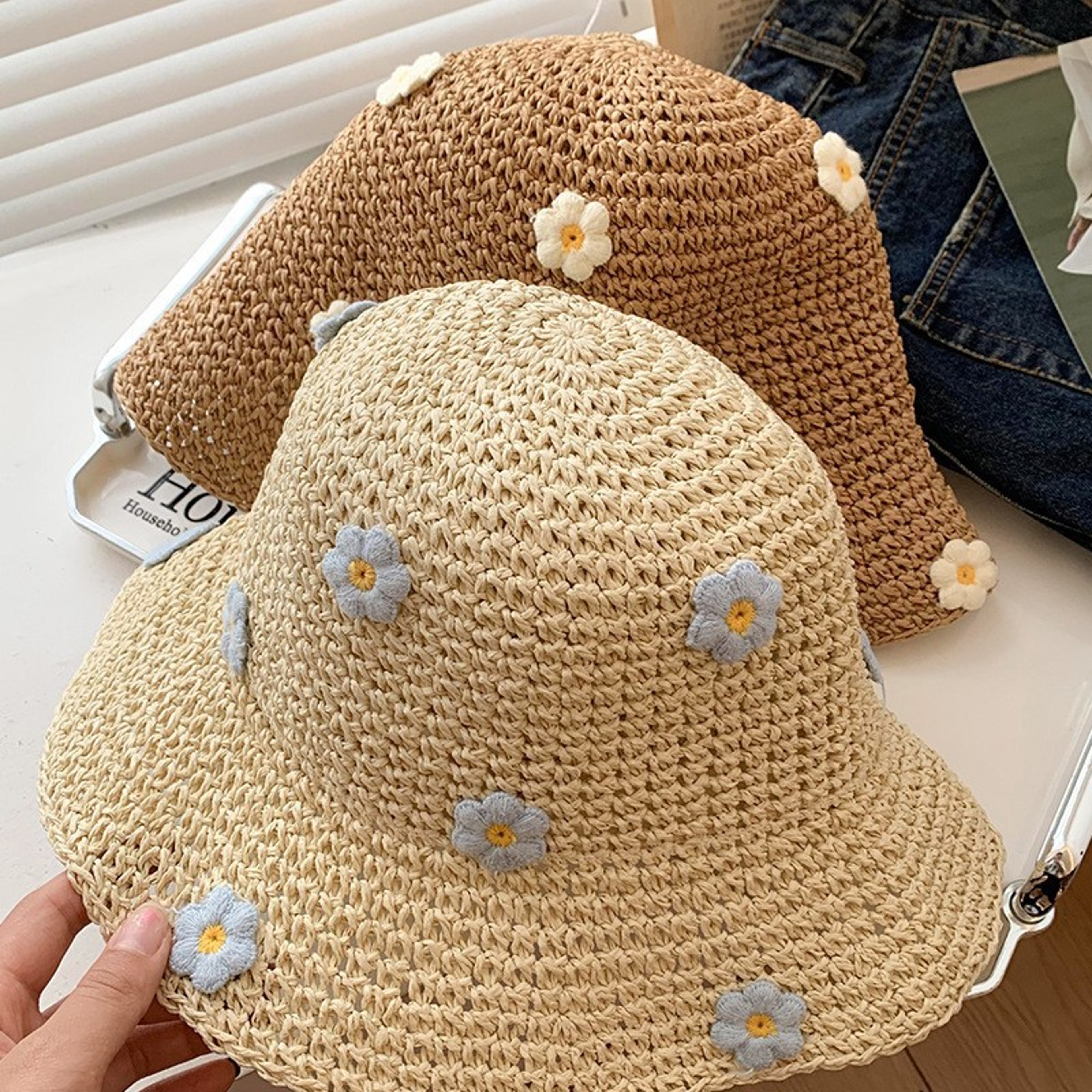 Floral Woven Straw Bucket Hat For Women Summer Beach Sun Protection 2