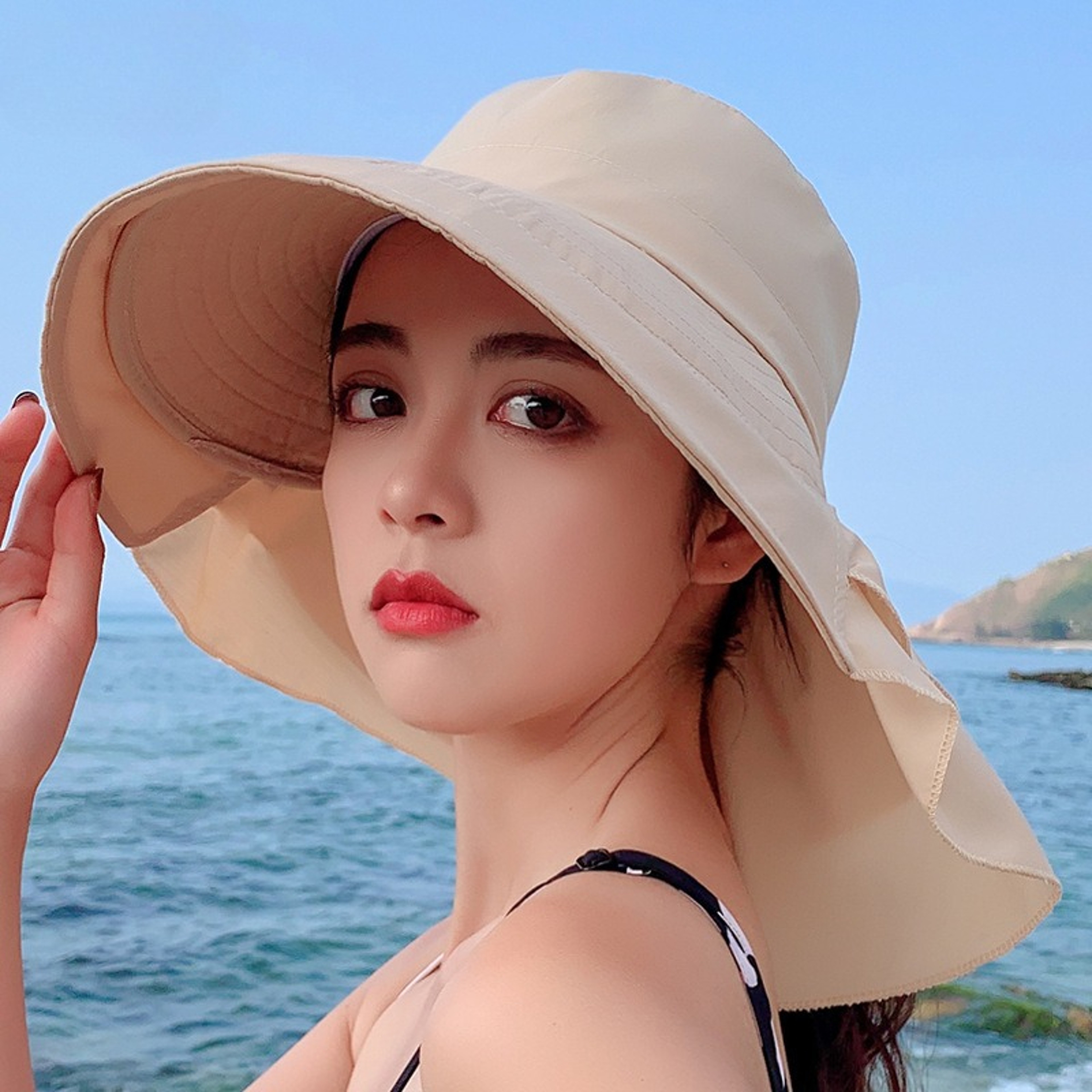 Womens Wide Brim Neck Protection Sun Hat Breathable Foldable Outdoor Cap 0