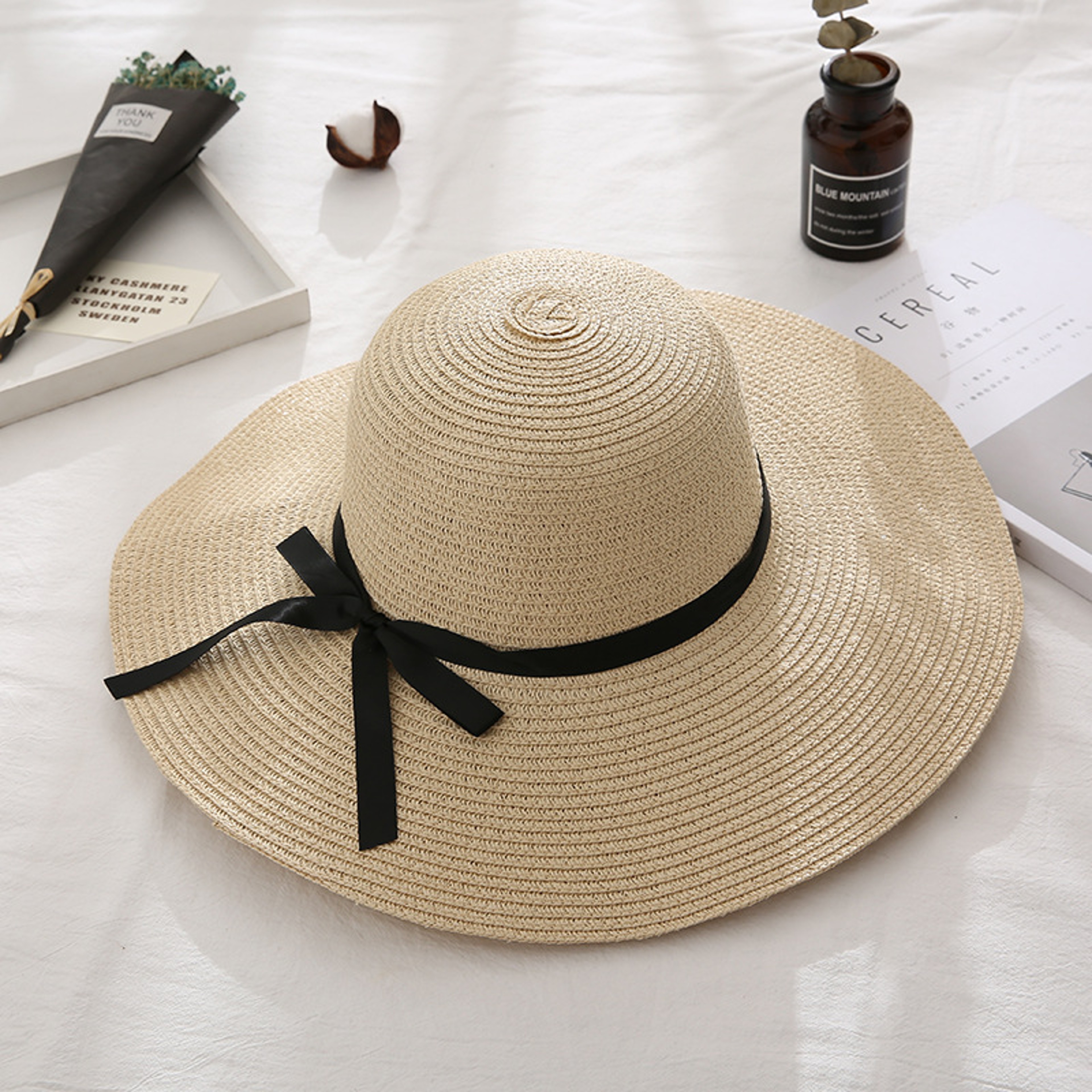 Foldable Wide Brim Straw Sun Hat For Women Korean Style Beach Bow Vacation Hat 6