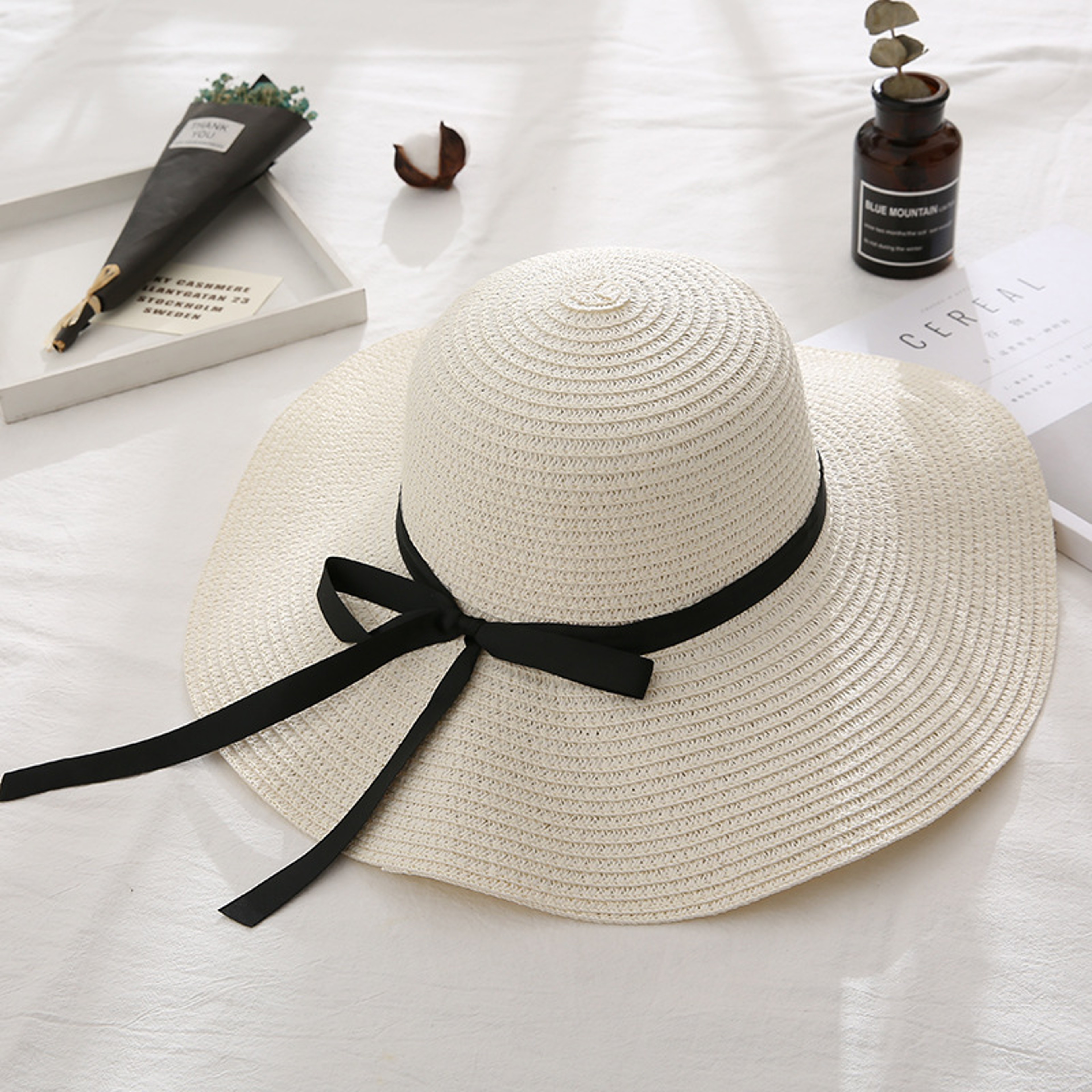 Foldable Wide Brim Straw Sun Hat For Women Korean Style Beach Bow Vacation Hat 7