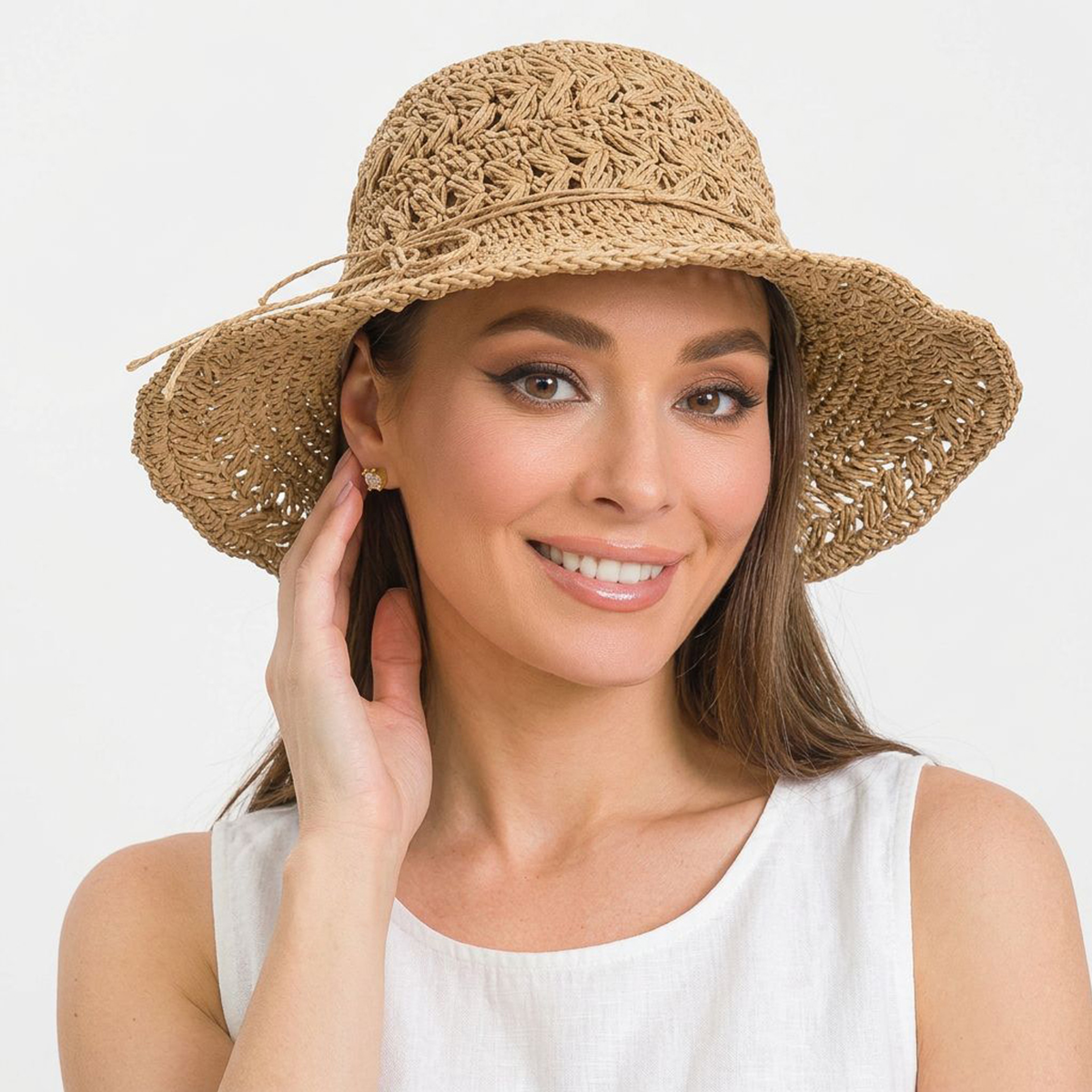 Women Straw Sun Hat Packable Wide Brim UV Protection Hollow Out Beach Hat French Style – view 1