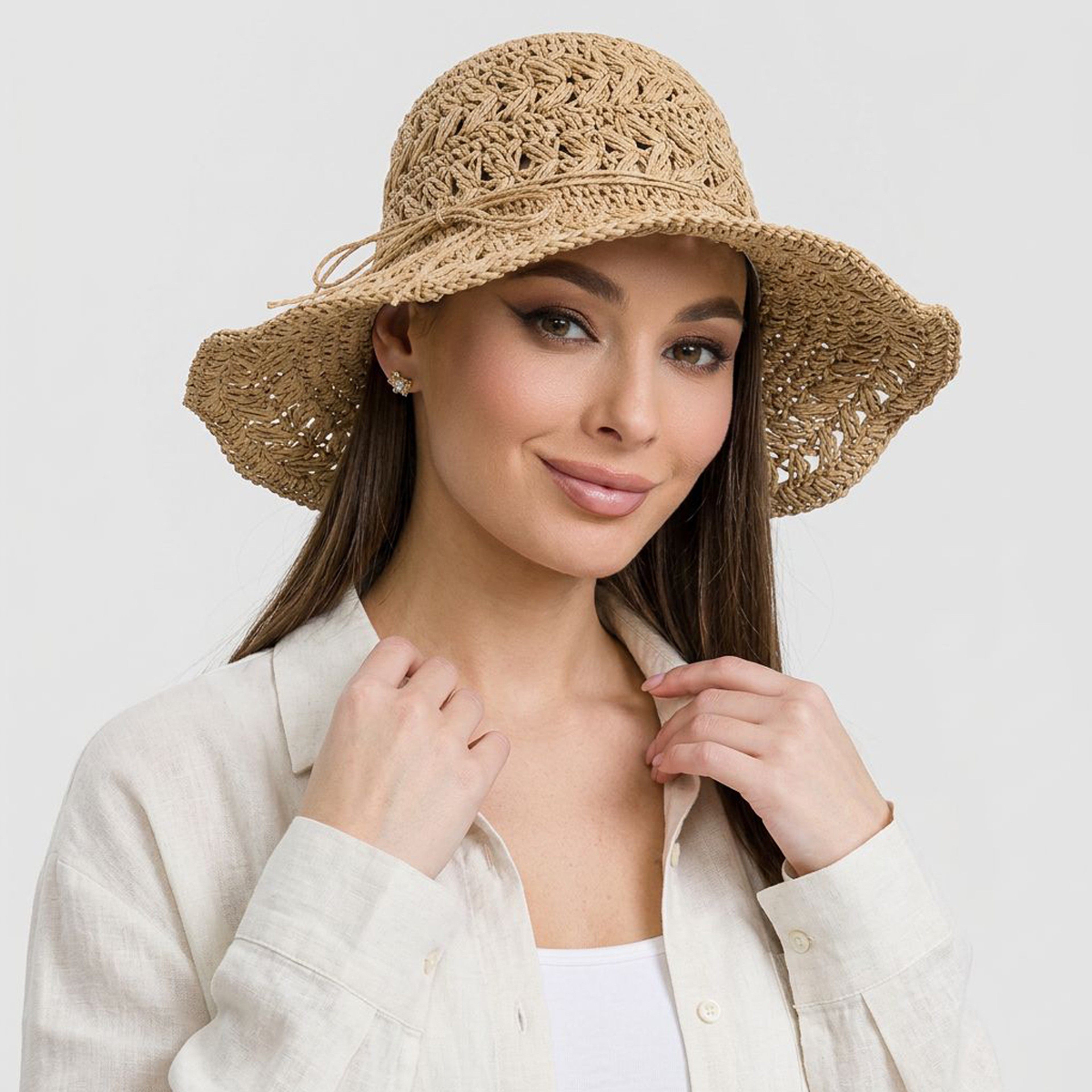Women Straw Sun Hat Packable Wide Brim UV Protection Hollow Out Beach Hat French Style – view 7