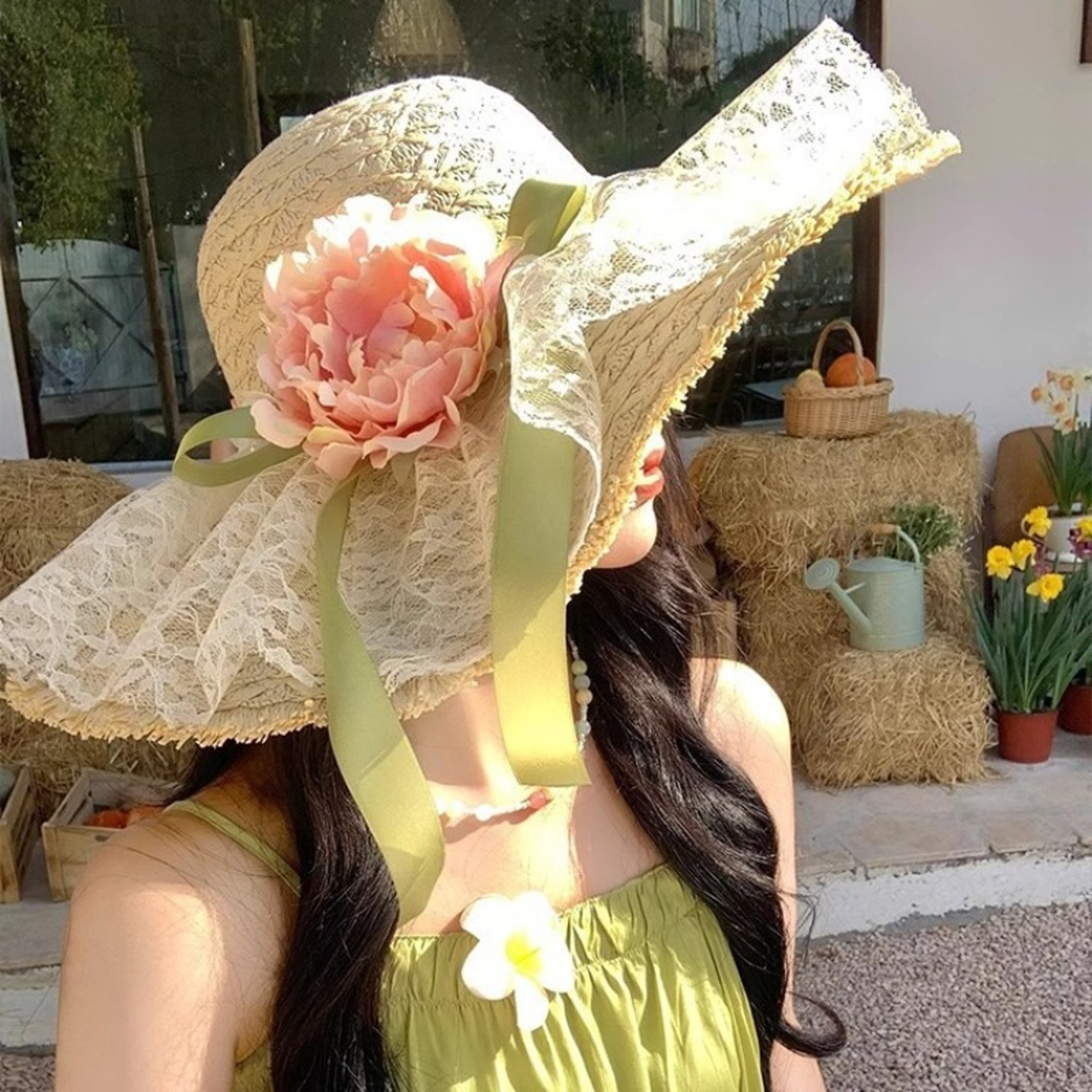 Wide Brim Straw Sun Hat for Women - Beach Sun Protection Summer Hat with Lace Bow Flower – view 8