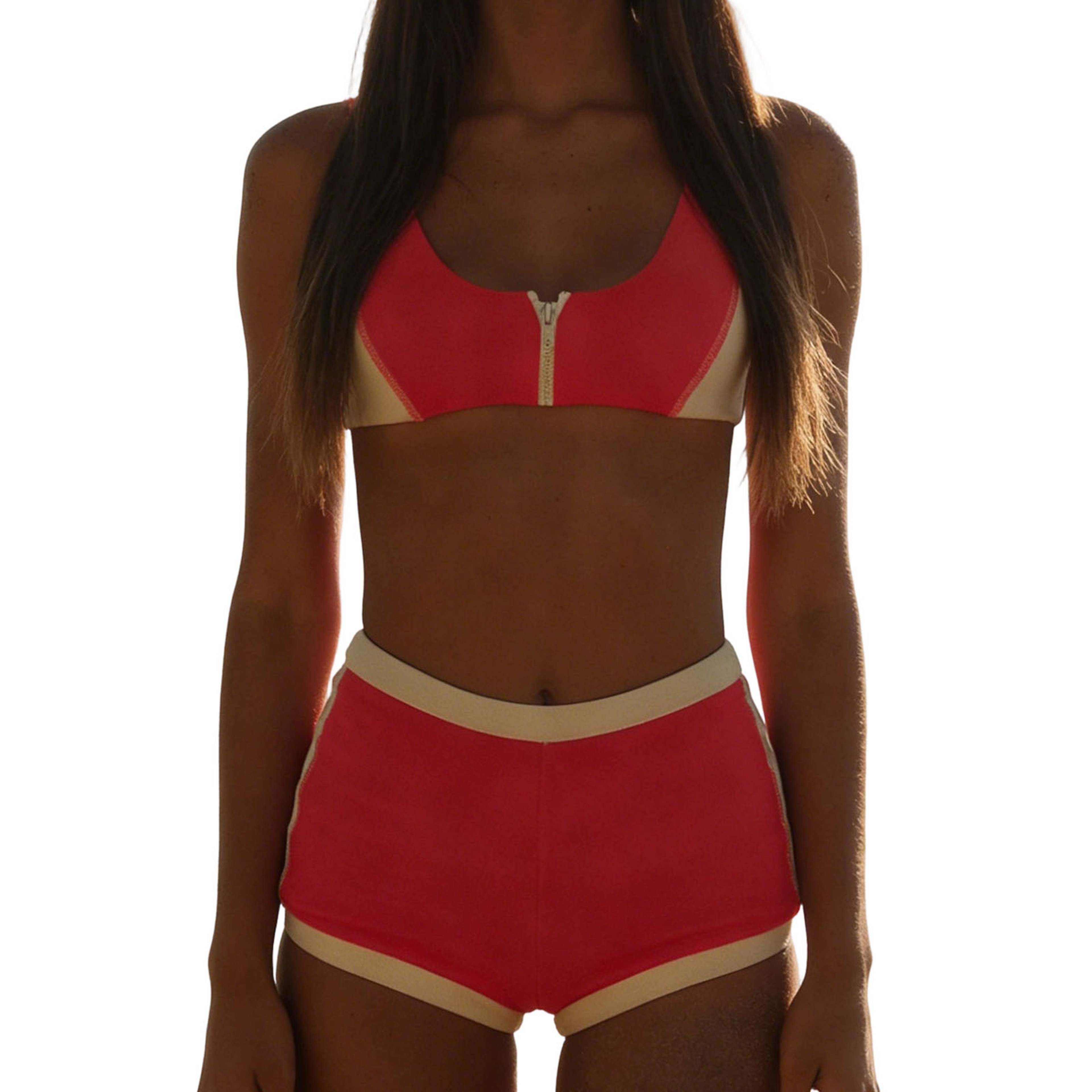 Sporty Color Block Zip Front Bikini Set with Shorts Racerback Swimwear for Women 2026 – view 8