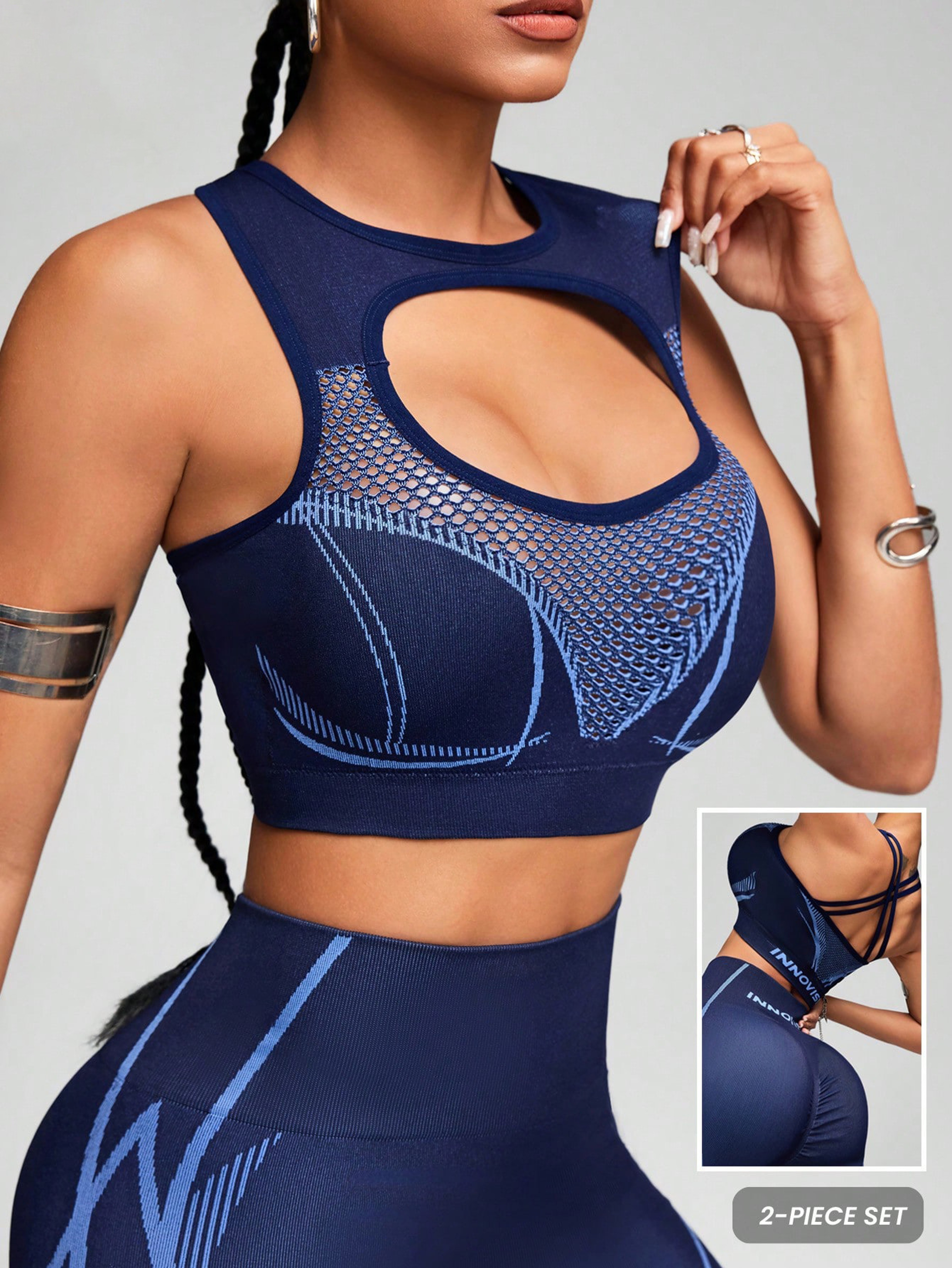 Seamless High Elastic Yoga Set With Padded Sports Bra And Mesh Leggings For Women Gym Outfit 5